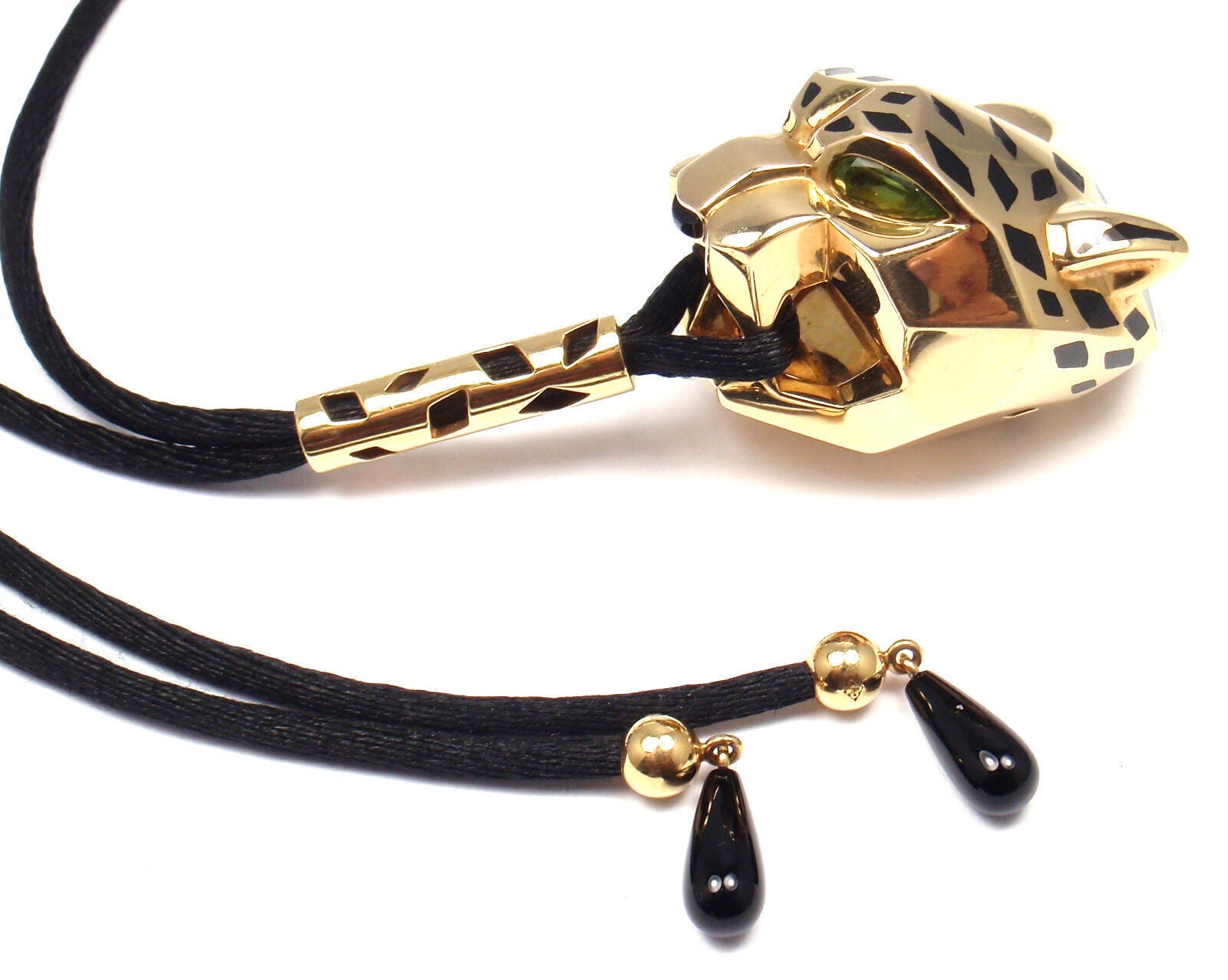 Authentic Cartier Panther Panthere 18k Yellow Gold Emerald Lacquer Cord Necklace - Luxury Jewelry for Women, Elegant Gift for Birthday & Anniversary | Perfect for Parties, Weddings & Special Occasions