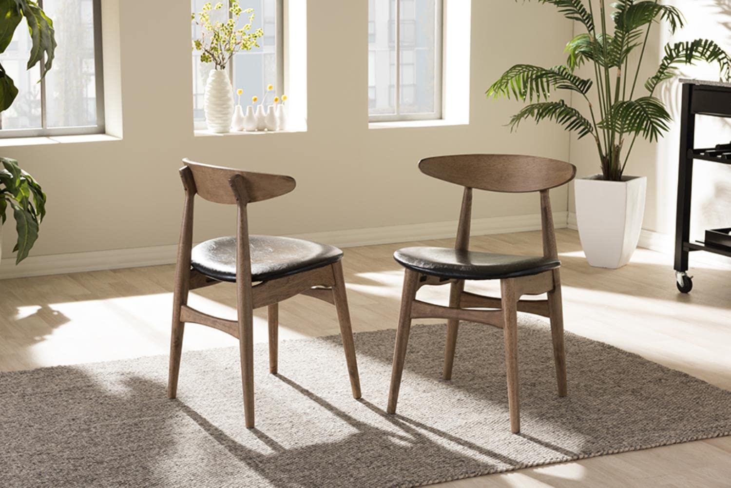 Baxton Studio Edna Faux Leather Dining Chairs Set of 2 - Black PU Leather Modern Kitchen Chairs for Dining Room, Restaurant & Home Decor