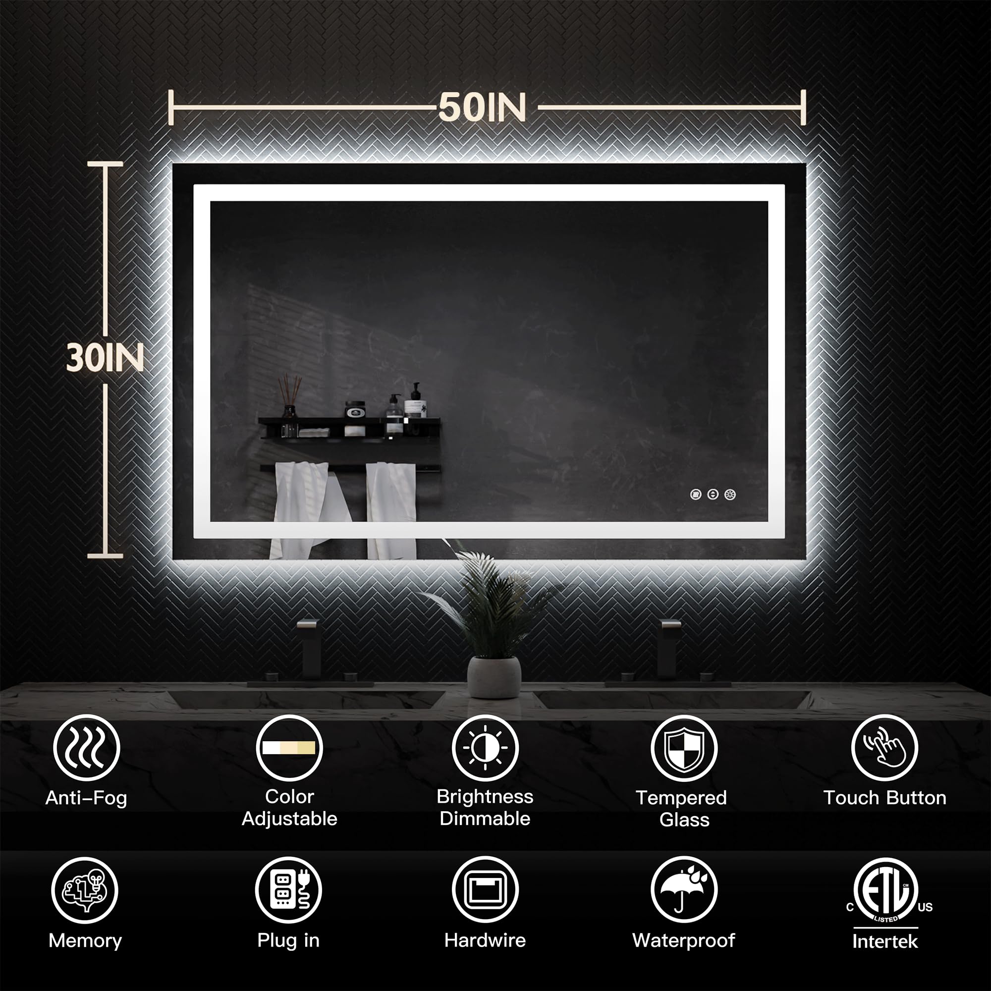 ISKM 50x30 Inch Large LED Bathroom Mirror with Front & Back Lighting - Waterproof Shatterproof Wall Mounted Makeup Mirror for Vanity, Dressing Room & Modern Home Decor