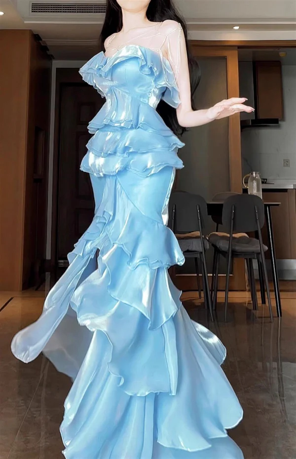 Elegant Blue Mermaid Strapless Long Ruffled Prom Dress J6758 for Women - Perfect for Homecoming, Evening Gala & Special Occasions