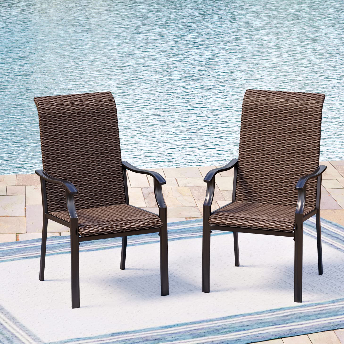 2-Piece Patio Rattan Dining Chairs Set - High Back Wicker Outdoor Chairs with E-Coated Metal Frame (350lbs Capacity) for Garden, Yard, Lawn & Outdoor Entertaining