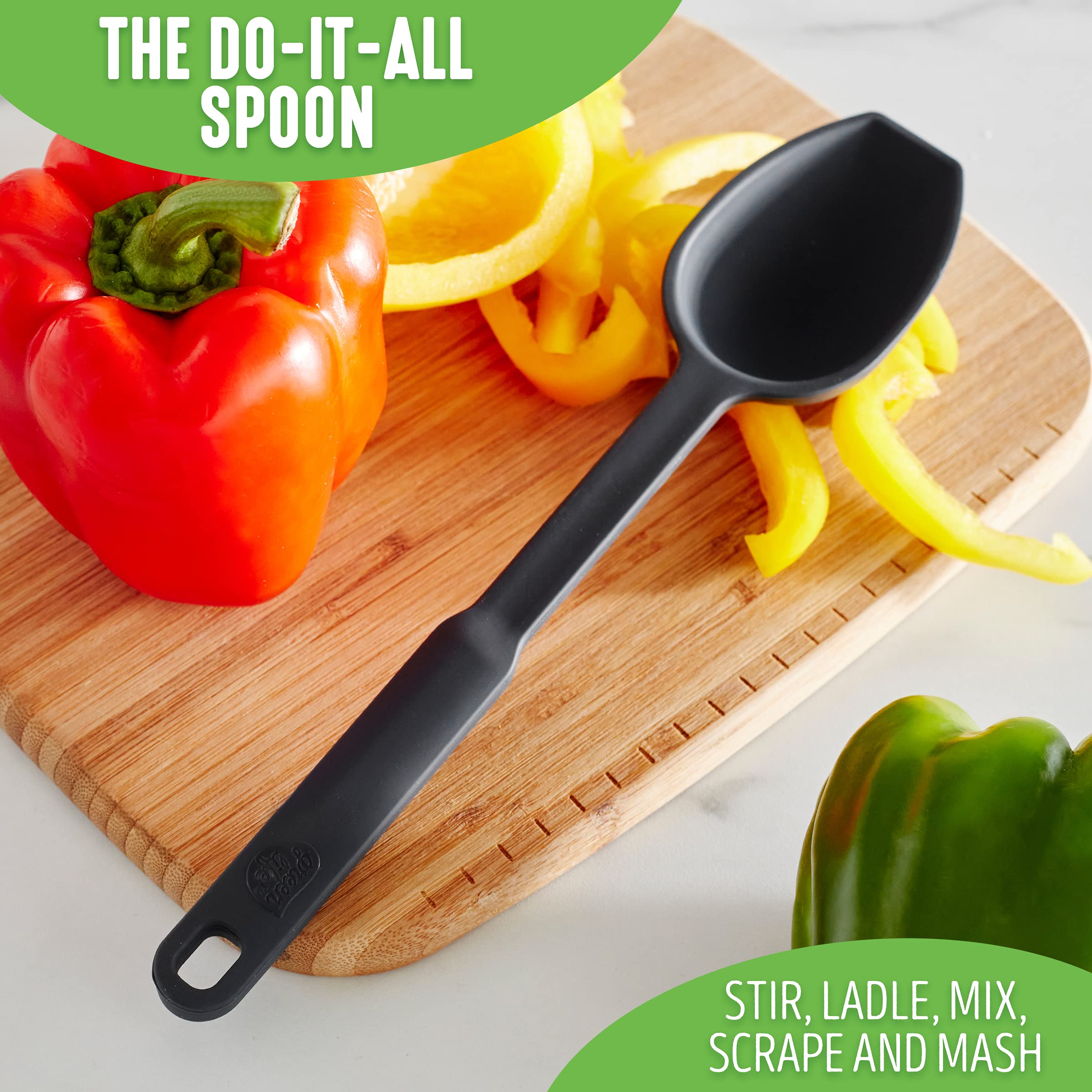 GreenLife Silicone Cooking Spoon - Heat & Stain Resistant Kitchen Utensil for Scooping, Scraping & Mixing - Dishwasher Safe Grey Spatula - Perfect for Baking, Cooking & Meal Prep