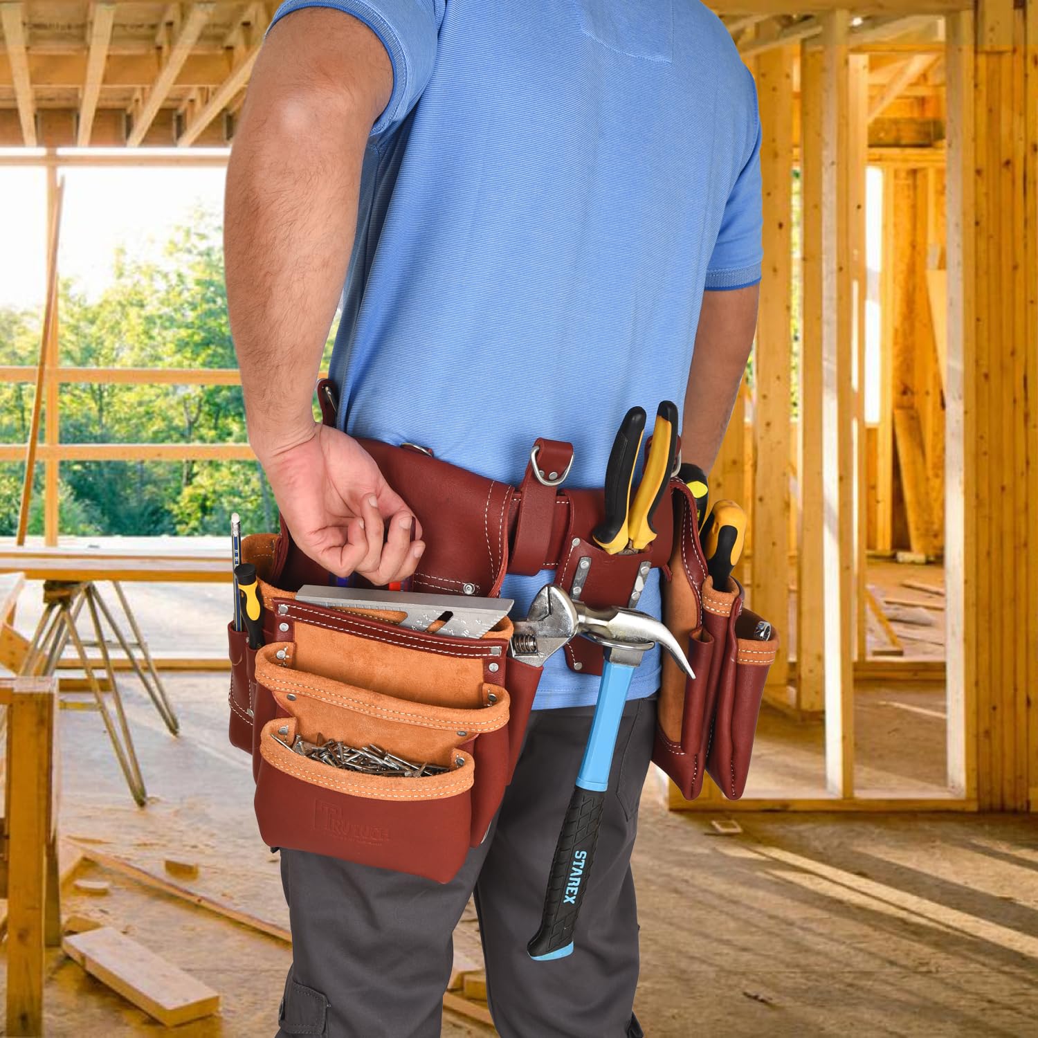 Heavy Duty Grain Leather Tool Belt for Carpenters, Handymen & Electricians - Durable Construction Tool Pouch with Multiple Pockets for Framing, Drywall & DIY Projects | Perfect for Job Sites & Home Workshops