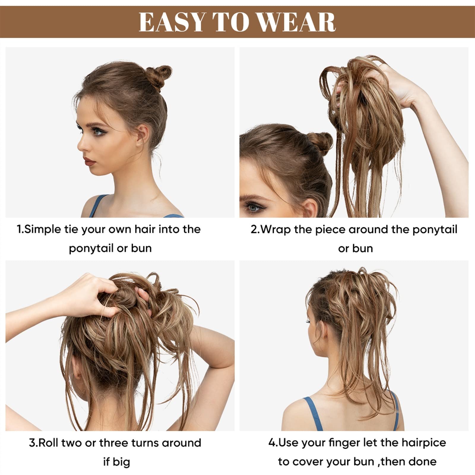 Women's Hair Chignon Donut Bun & Messy Bun Ponytail Extensions with Elastic Bungee - Curly Hair Bands & Ponytail Wigs for Women (Color: 10H86) - Perfect for Parties, Weddings & Everyday Styling