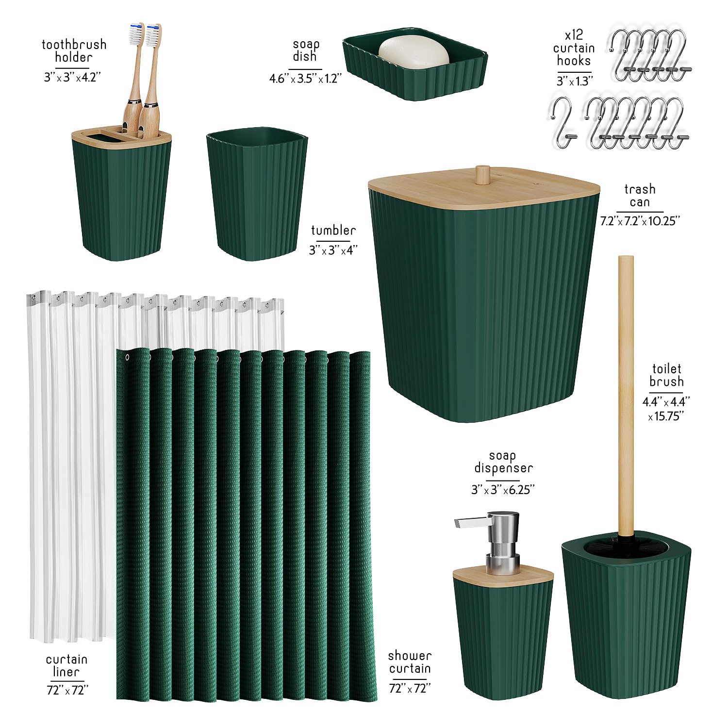 Clara Clark 20-Piece Green Bathroom Accessories Set - Shower Curtain, Toilet Brush, Trash Can & Soap Dispenser | Complete Bathroom Decor for Modern Homes & Guest Bathrooms