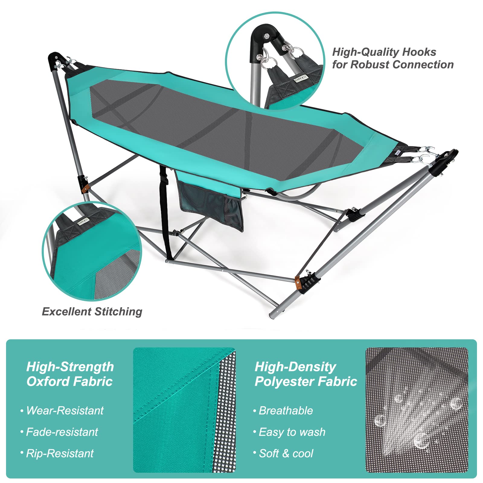 Giantex Portable Folding Hammock with Stand - Lightweight Camping Bed for Indoor & Outdoor Use, Patio, Yard, Beach - Includes Side Pocket, Anti-Tip Buckles & Sturdy Iron Frame (Turquoise Blue) - Perfect for Relaxing, Lounging, Camping Trips & Backyard Getaways