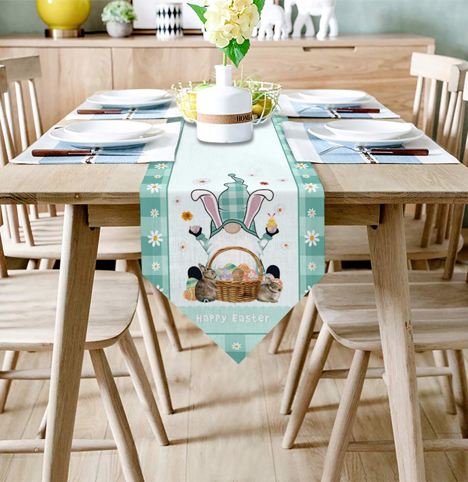 ALAGEO Easter Gnome Table Runner - Bunny Ears Gnome Decorative Runner, Machine Washable Teal Green Check Plaid Dresser Scarf (14x72 Inch) for Spring Easter Holiday Dinner Parties, Home Decor & Seasonal Table Setting