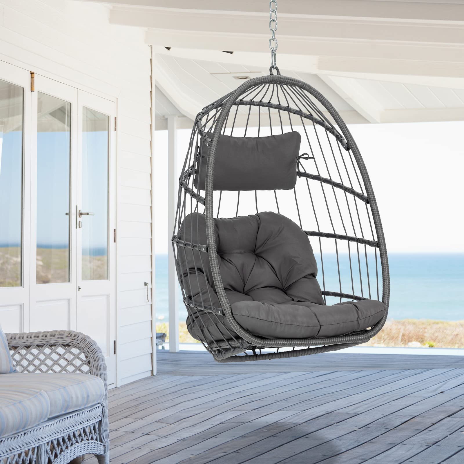 Hanging Egg Chair - Patio Rattan Wicker Swing Hammock for Indoor & Outdoor Use - Aluminum Steel Frame with UV Resistant Cushion (Dark Grey) - Perfect for Garden, Bedroom, Balcony & Backyard Relaxation