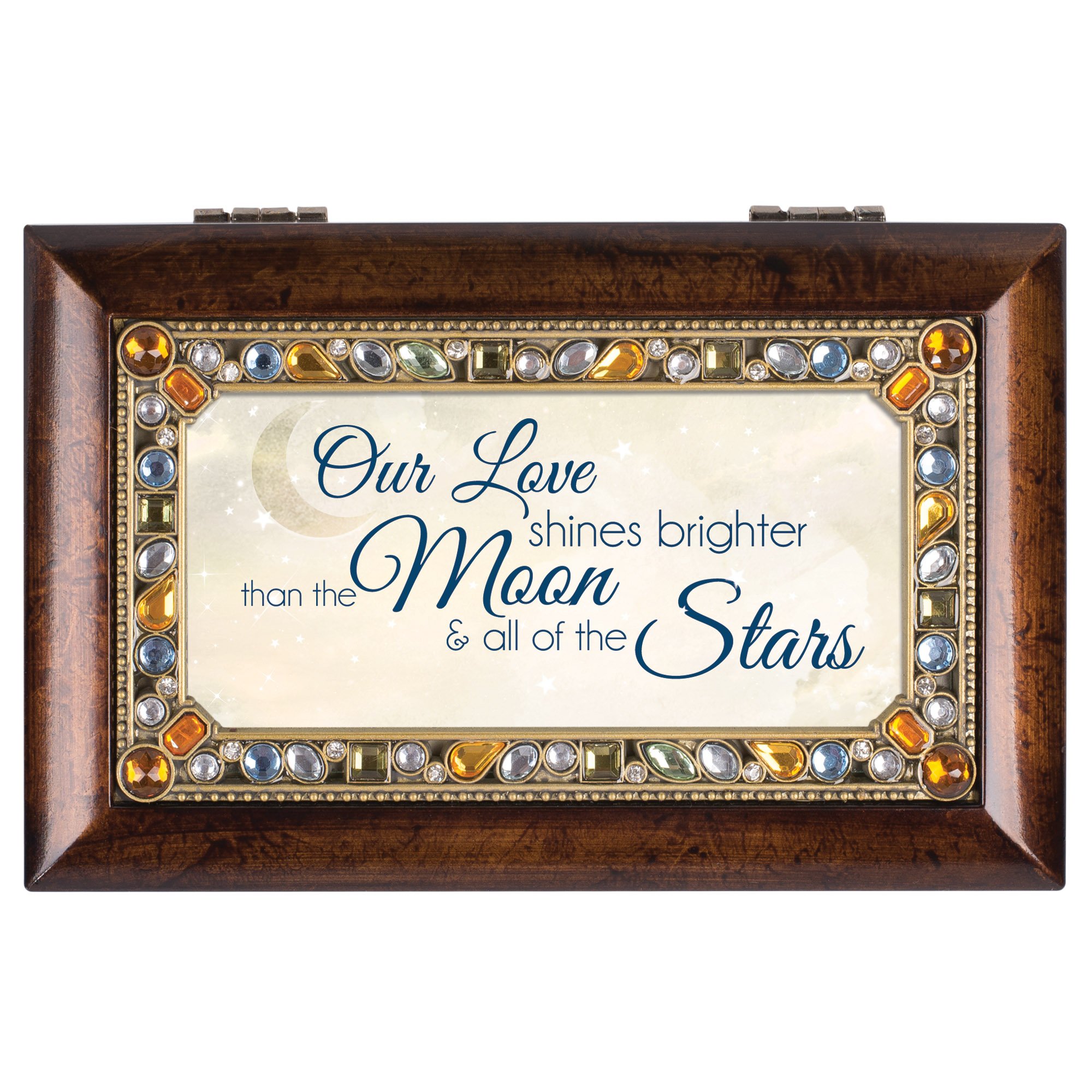 Romantic Cottage Garden 'Our Love Shines Brighter' Moon & Stars Wooden Jewelry Music Box - Plays 'You Light Up My Life' Song | Perfect for Anniversaries, Valentine's Day Gifts & Wedding Keepsakes