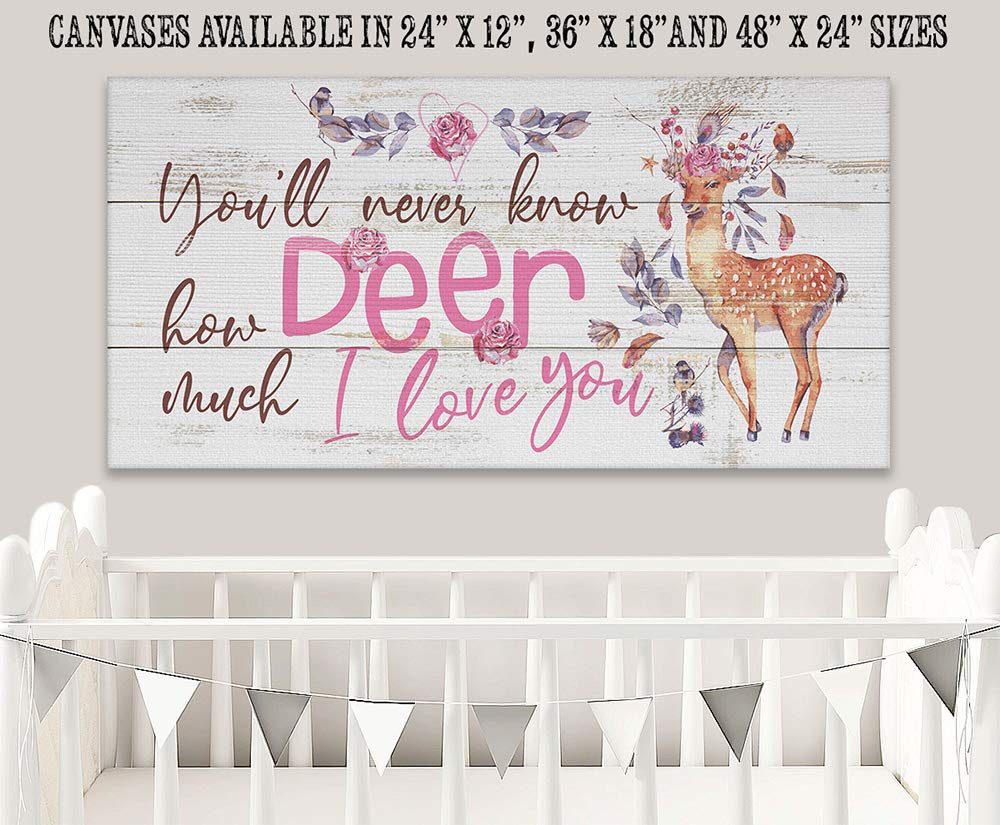 Deer Love Woodland Animal Wall Art - Inspirational Nursery Decor, Baby Shower Gift, 30x60 Stretched Canvas Print for Girls Bedroom & Kids Room - Perfect for Nursery Wall Decor and Baby Shower Present