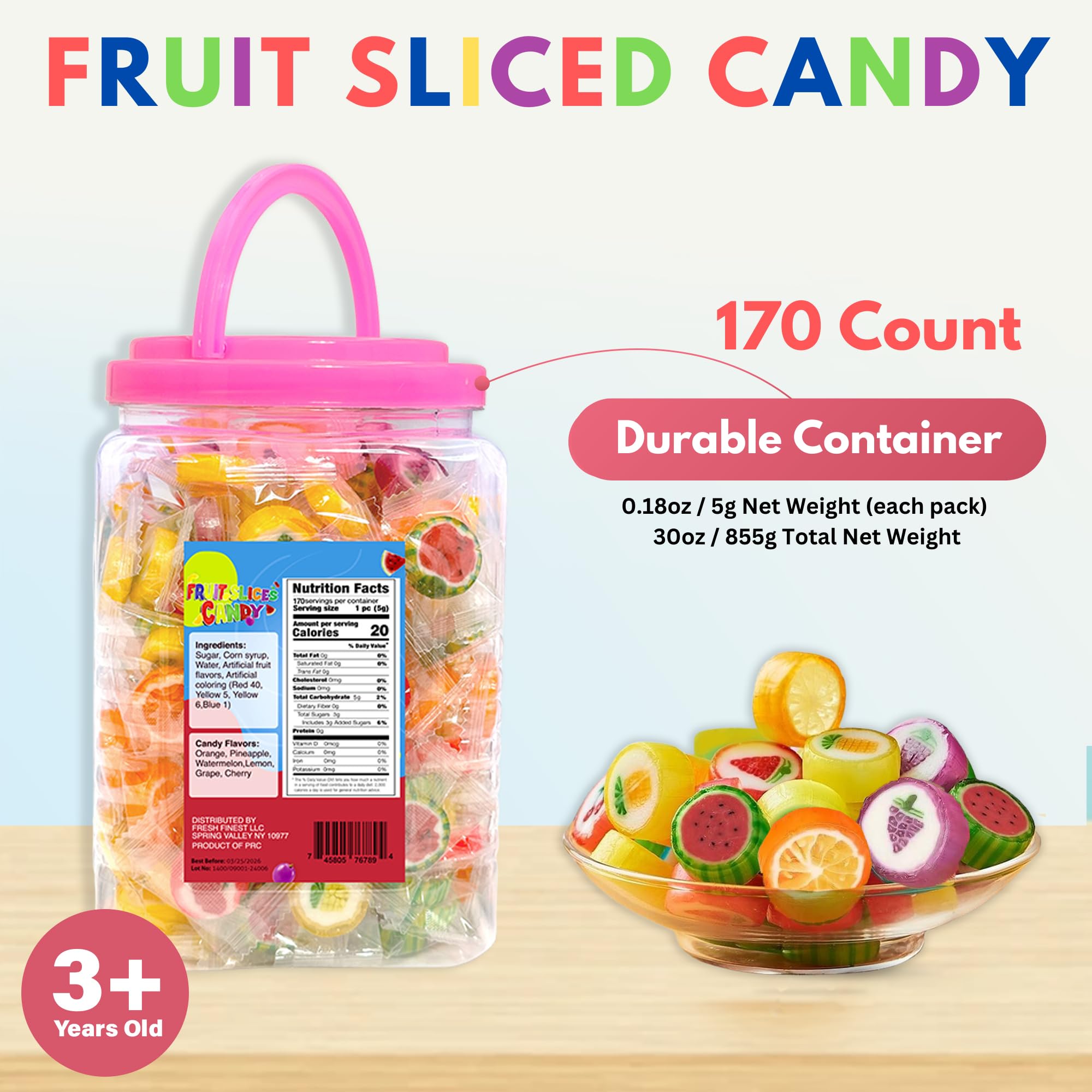 Bulk Hard Candy Fruit Slices - 170 Individually Wrapped Pieces (855g) | Assorted Fruit Flavored Candies for Parties, Office Snacks & Gift Bags | Fresh Finest Quality