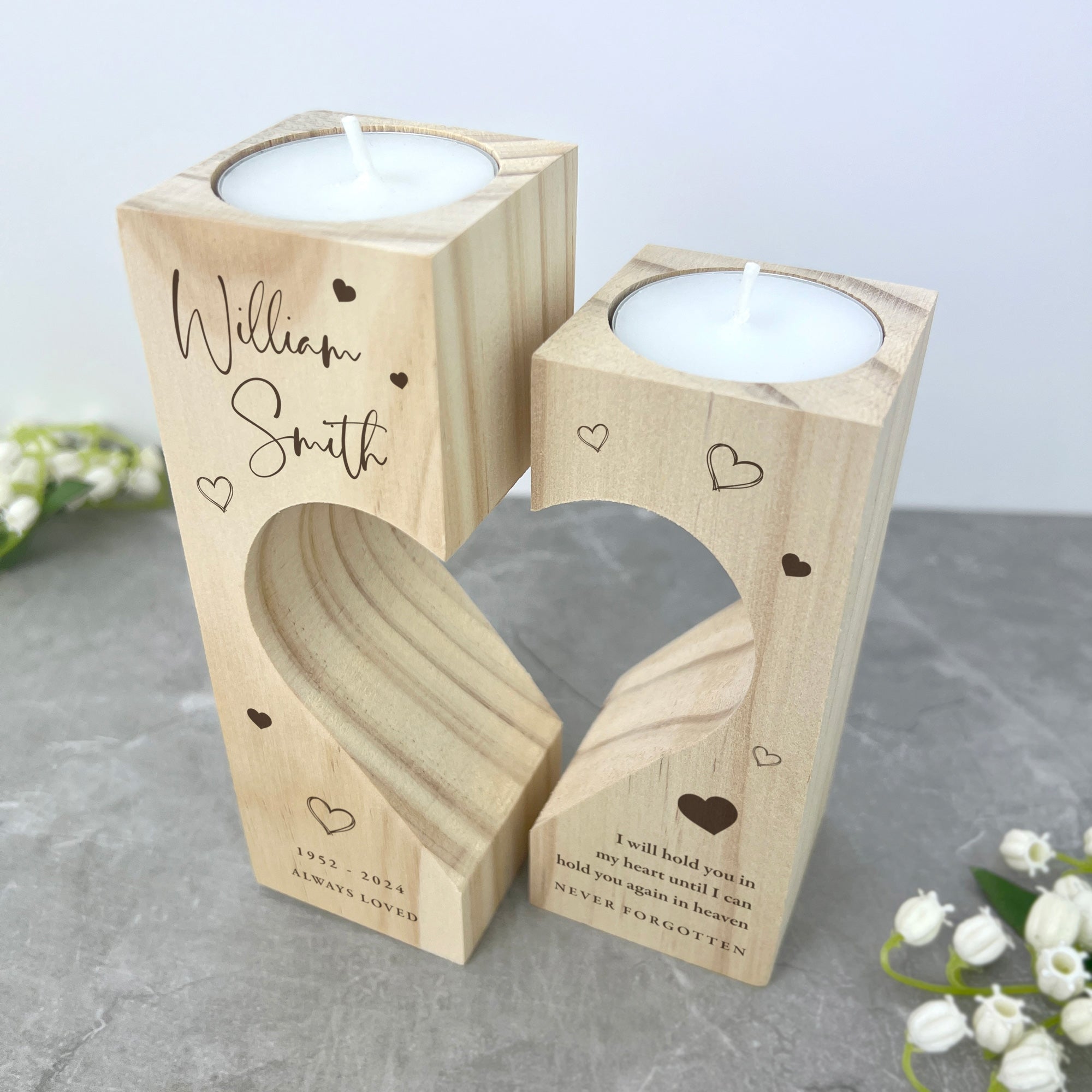 Personalized Solid Wood Memorial Heart Tea Light Holders - Engraved Candle Votive for Weddings, Funerals, Home Decor & Memorial Gifts