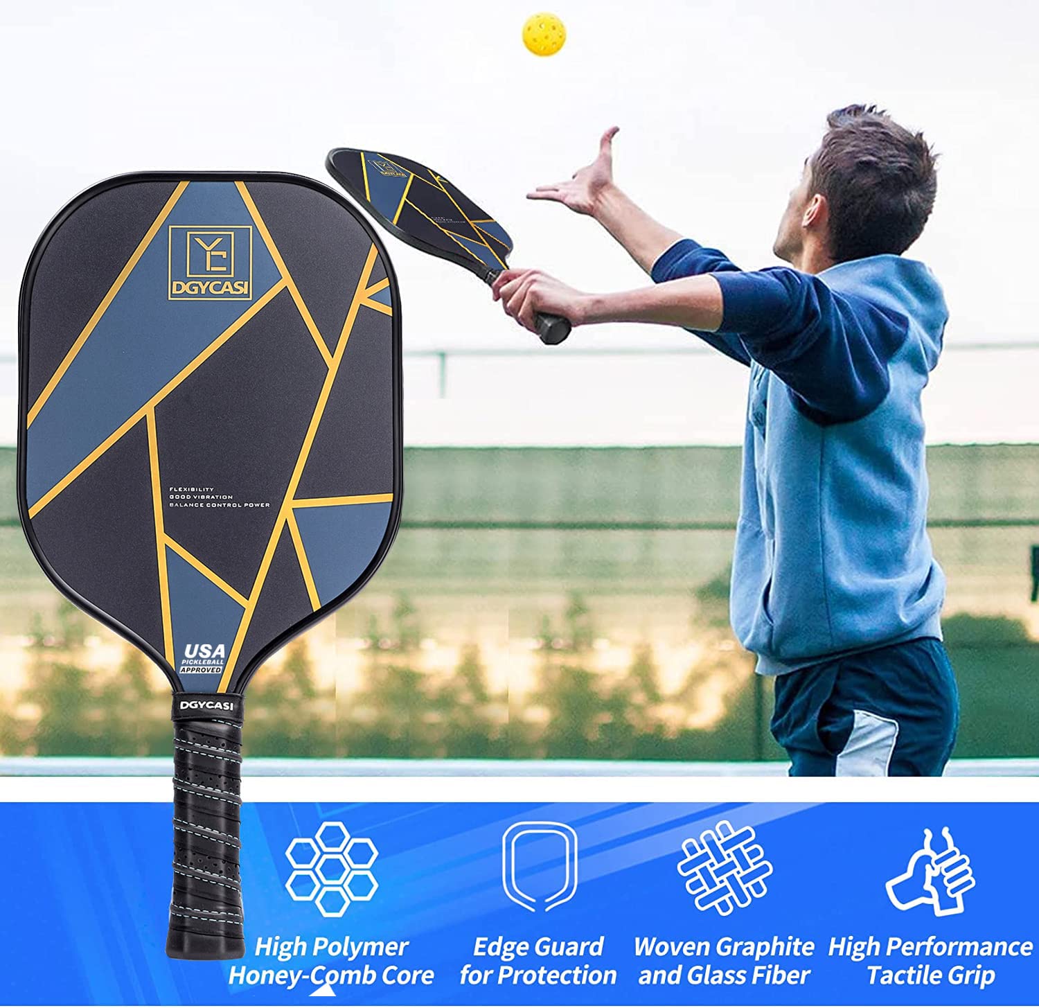 YC DGYCASI Graphite Pickleball Paddles Set of 4 - USAPA Approved 2025 | Carbon Fiber Surface & Lightweight Polypropylene Honeycomb Core | Includes 3 Indoor/Outdoor Balls, 4 Replacement Grips & Carry Bag | Perfect for Recreational Play, Competitive Tournaments & Family Fun
