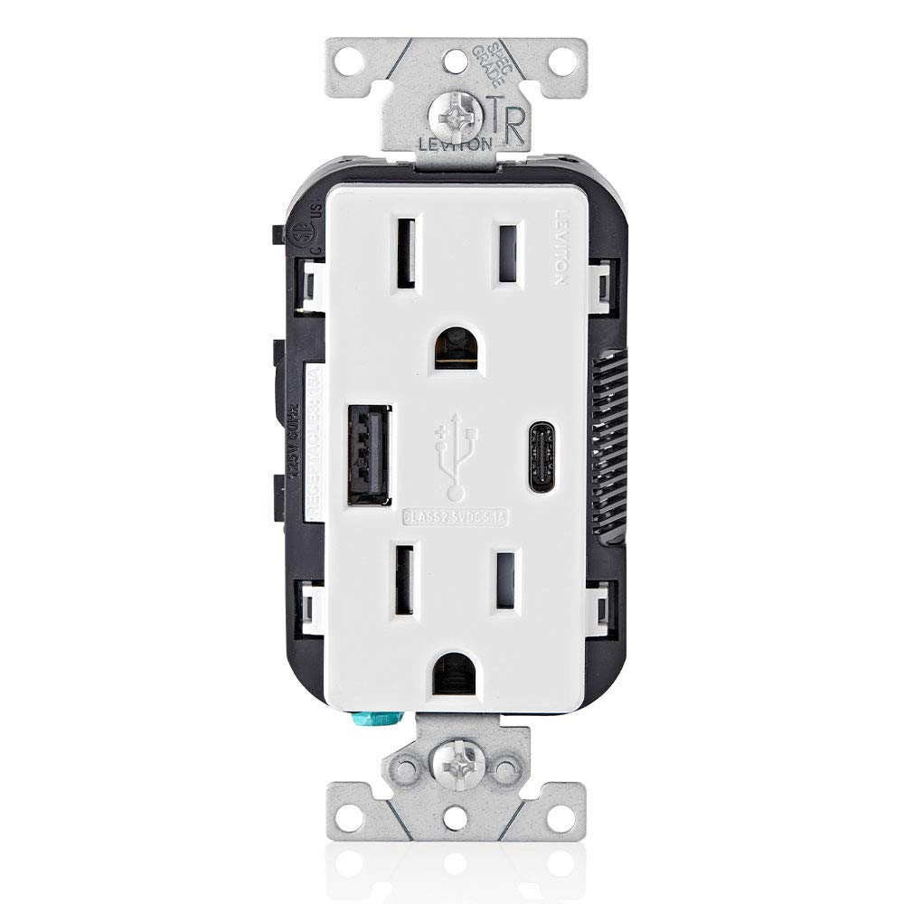 Leviton T5633-W 15A Tamper-Resistant USB Wall Outlet - Dual Type A & Type C Charger for iPhone, Android Smartphones & Tablets | White In-Wall Charging Station for Home, Office & Hotel Use
