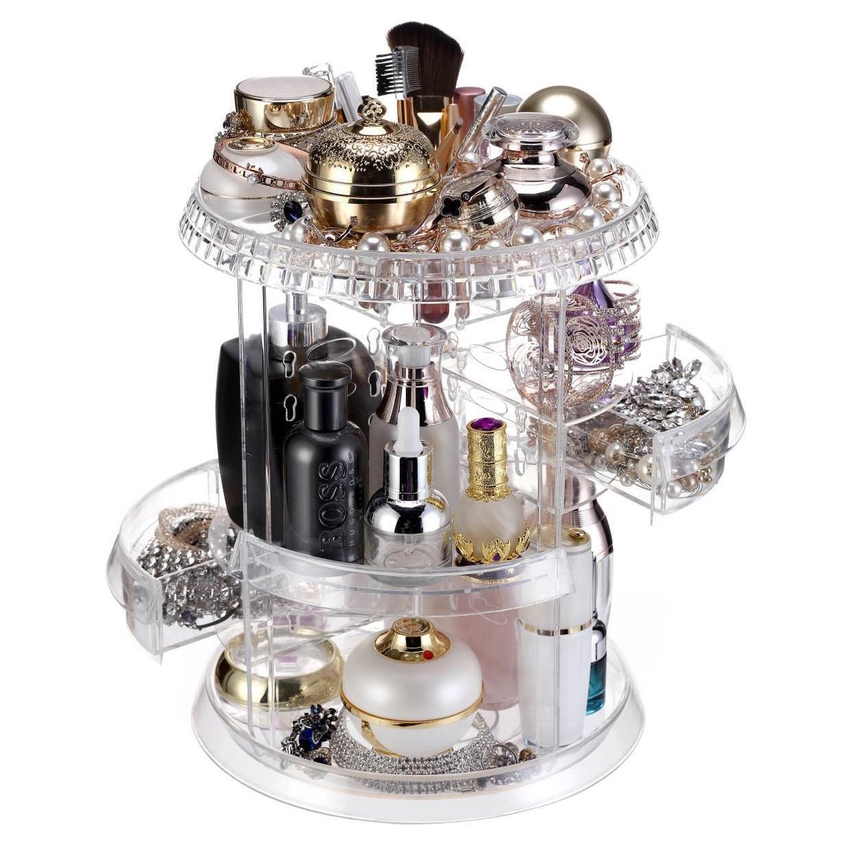 360 Degree Rotating Makeup Organizer with Adjustable Dividers - Perfect for Vanity, Bathroom Counter & Travel Cosmetic Storage | Acrylic Makeup Brush Holder & Jewelry Organizer