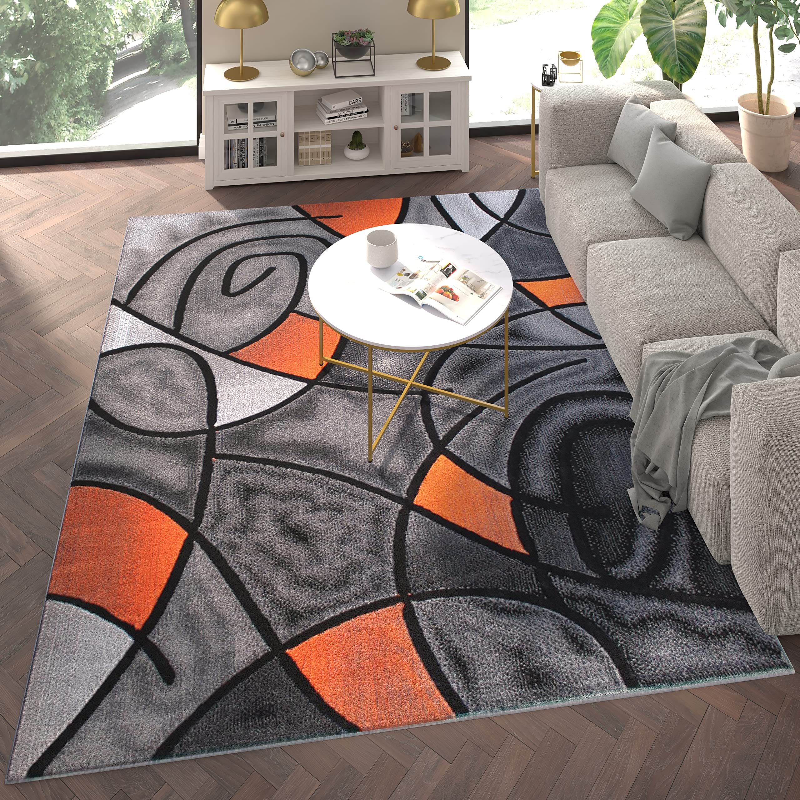 EMMA + OLIVER Urbane Plush Olefin Accent Rug - Abstract Geometric Pattern in Gradient Gray with Vibrant Orange Accents - 8x10 Indoor Area Rug - Stain & Moisture Resistant - Perfect for Living Room, Bedroom or Office Decor