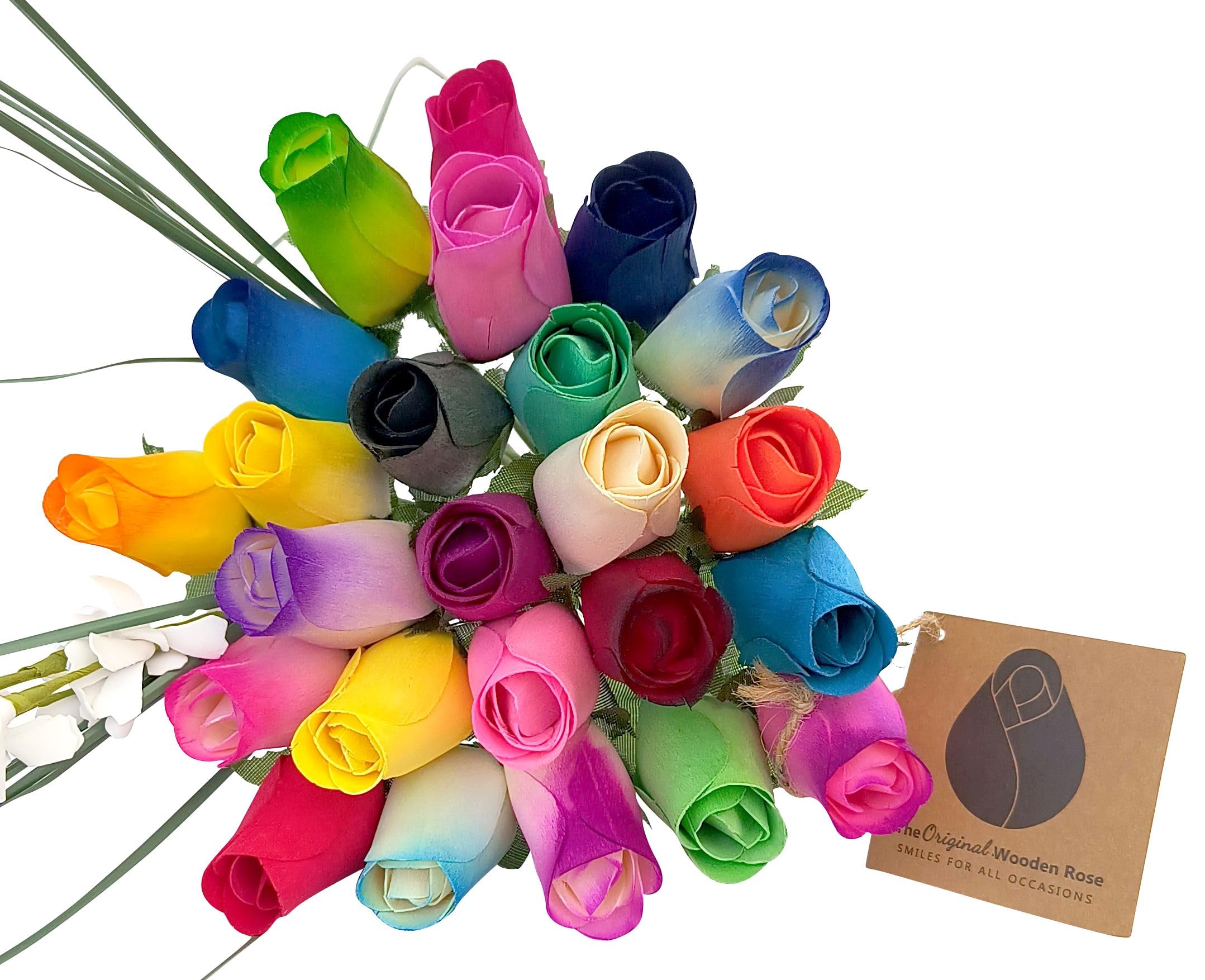 24 Assorted Color Wooden Rose Bud Bouquets - Realistic Handcrafted Wood Roses for Wedding Decor, Home Centerpieces & Romantic Gifts