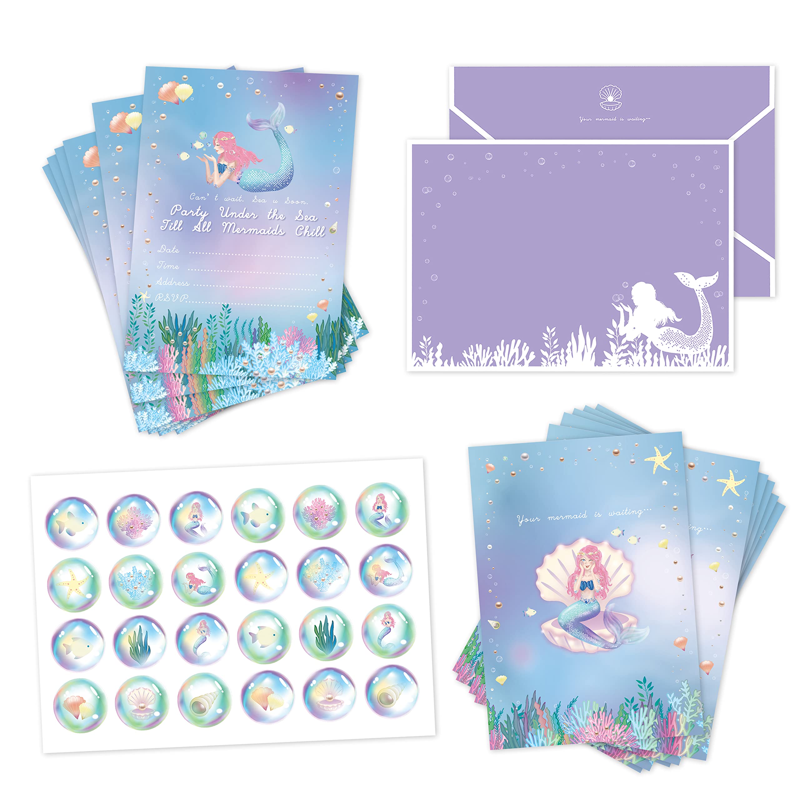 Little Mermaid Party Invitation Cards 12-Pack - Under the Sea Birthday Decorations for Girls with Ocean Coral, Starfish, Fish & Shellfish - Perfect for Baby Showers, Weddings & Themed Birthday Parties