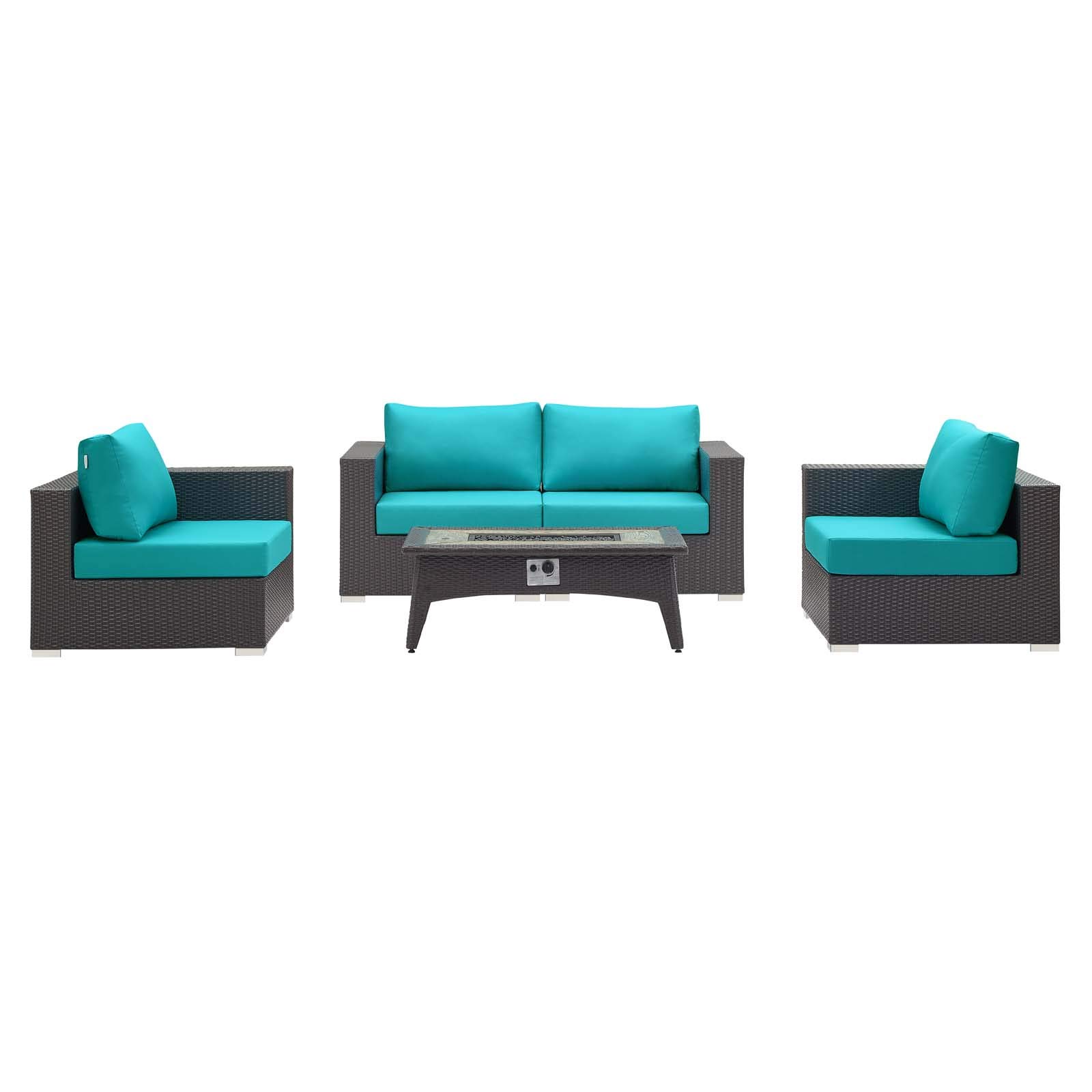 Modern Outdoor Patio Lounge Sofa Set with Chair, Coffee Table & Fire Pit - Blue Fabric Rattan Wicker Furniture for Backyard Relaxation and Entertaining