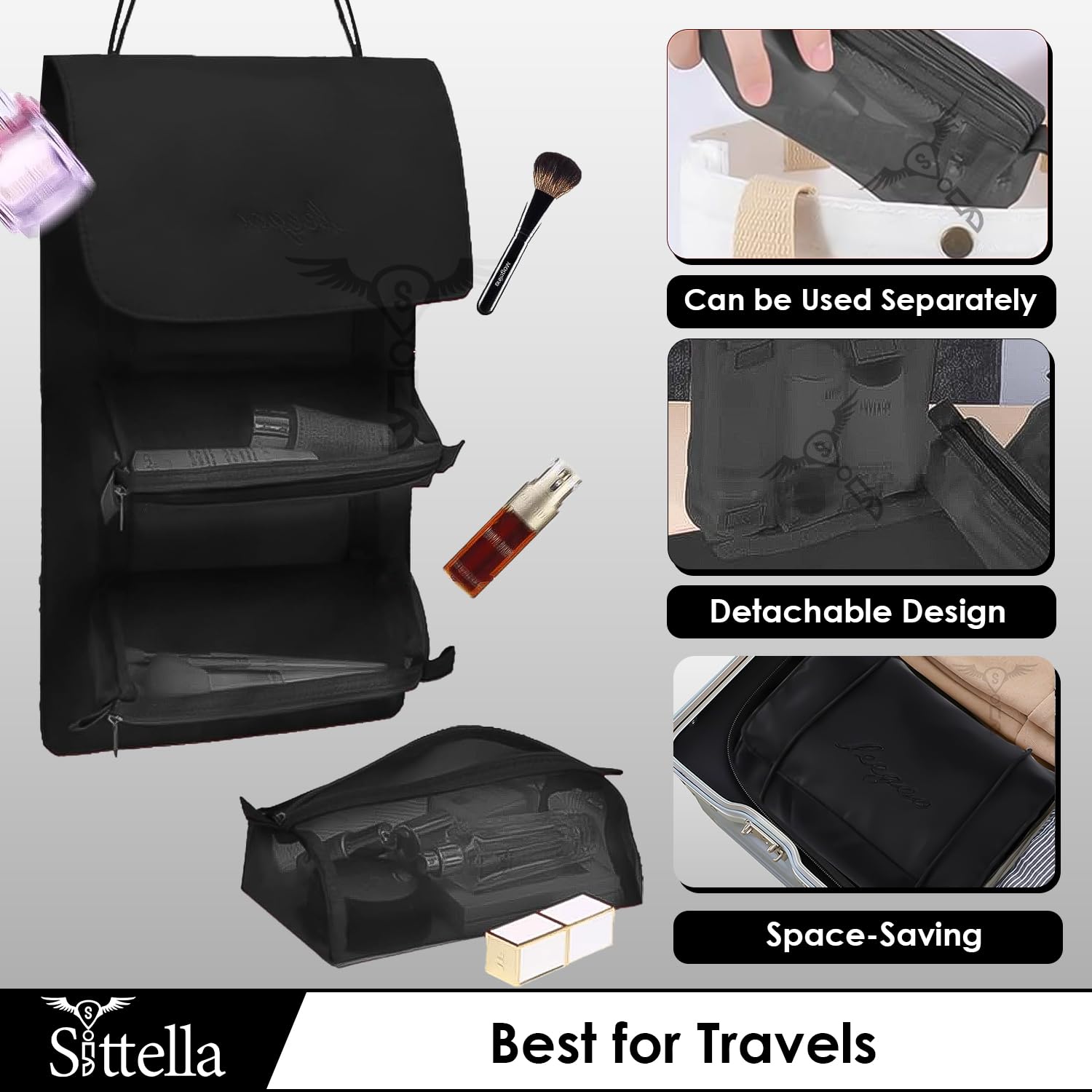 SITTELLA 4-in-1 Foldable Hanging Toiletry Bag for Women - Waterproof Travel Cosmetic Organizer with Multiple Compartments - Perfect for Bathroom, Camping & Airplane Carry On (Black)