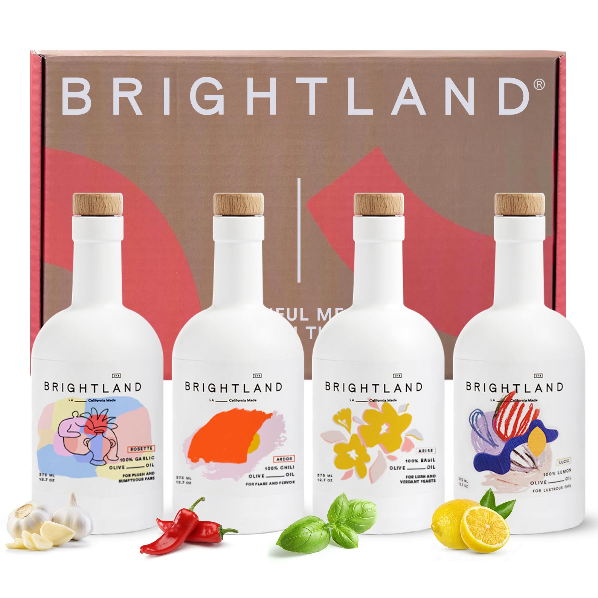 Brightland The Artist Capsule Cold-Pressed Extra Virgin Olive Oil Set - Infused with Garlic, Lemon, Basil & Chili Peppers, 12.7 fl oz (Pack of 4) - Oprah's Favorite Gourmet Cooking Oil for Salads, Pasta & Healthy Recipes