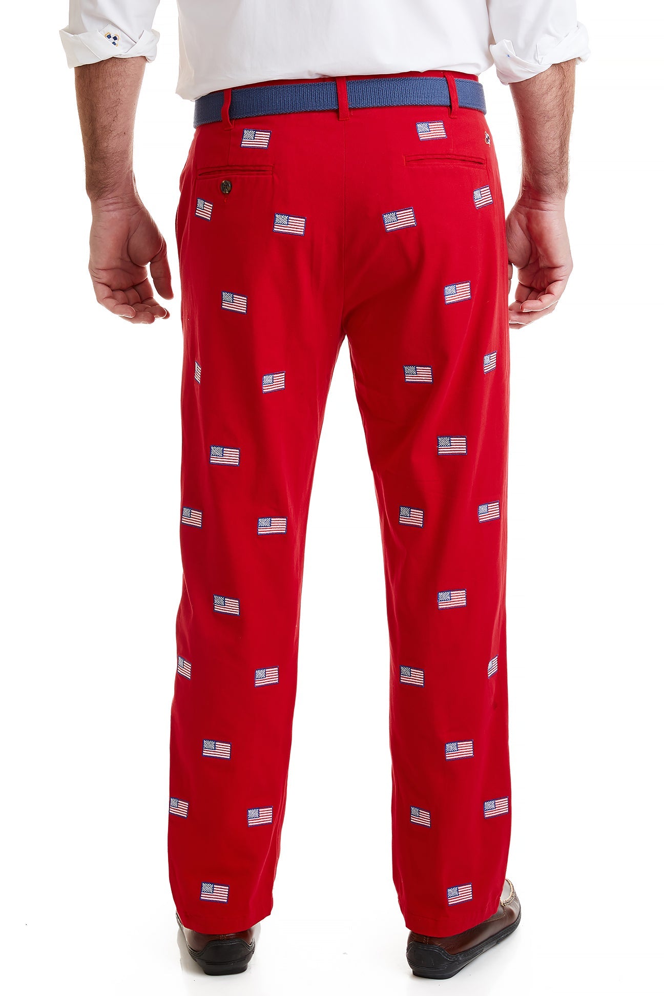 Stretch Twill Harbor Pants in Bright Red with American Flag - Comfortable & Patriotic Casual Wear for Outdoor Events & 4th of July Celebrations