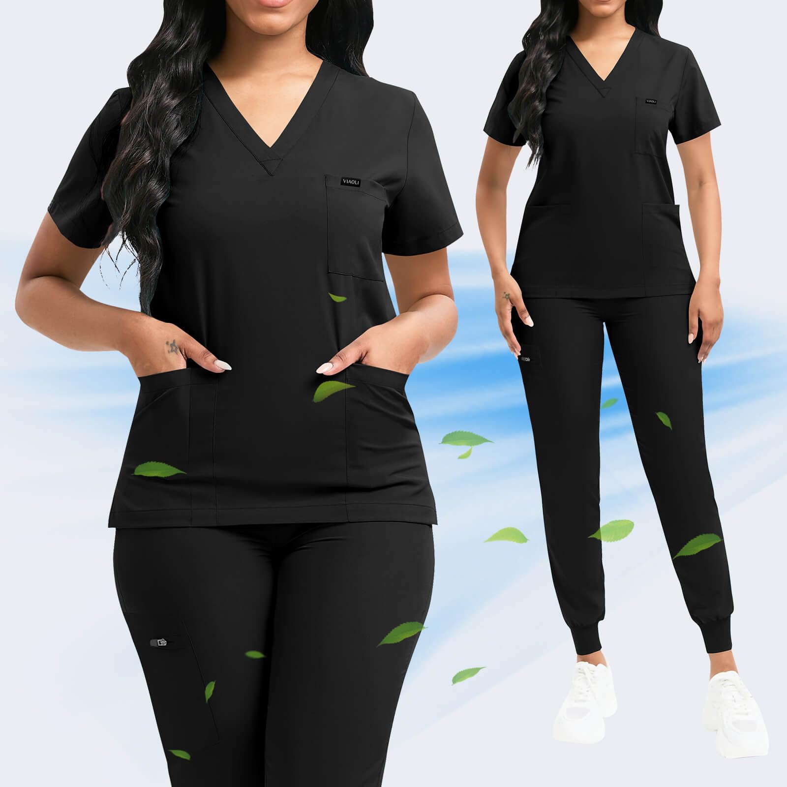 VIAOLI Women's Classic V-Neck Scrub Top & Yoga Jogger Pants Set - Comfortable Medical Uniform for Nurses, Doctors & Healthcare Professionals - Perfect for Hospital Shifts, Clinics & Healthcare Work Environments