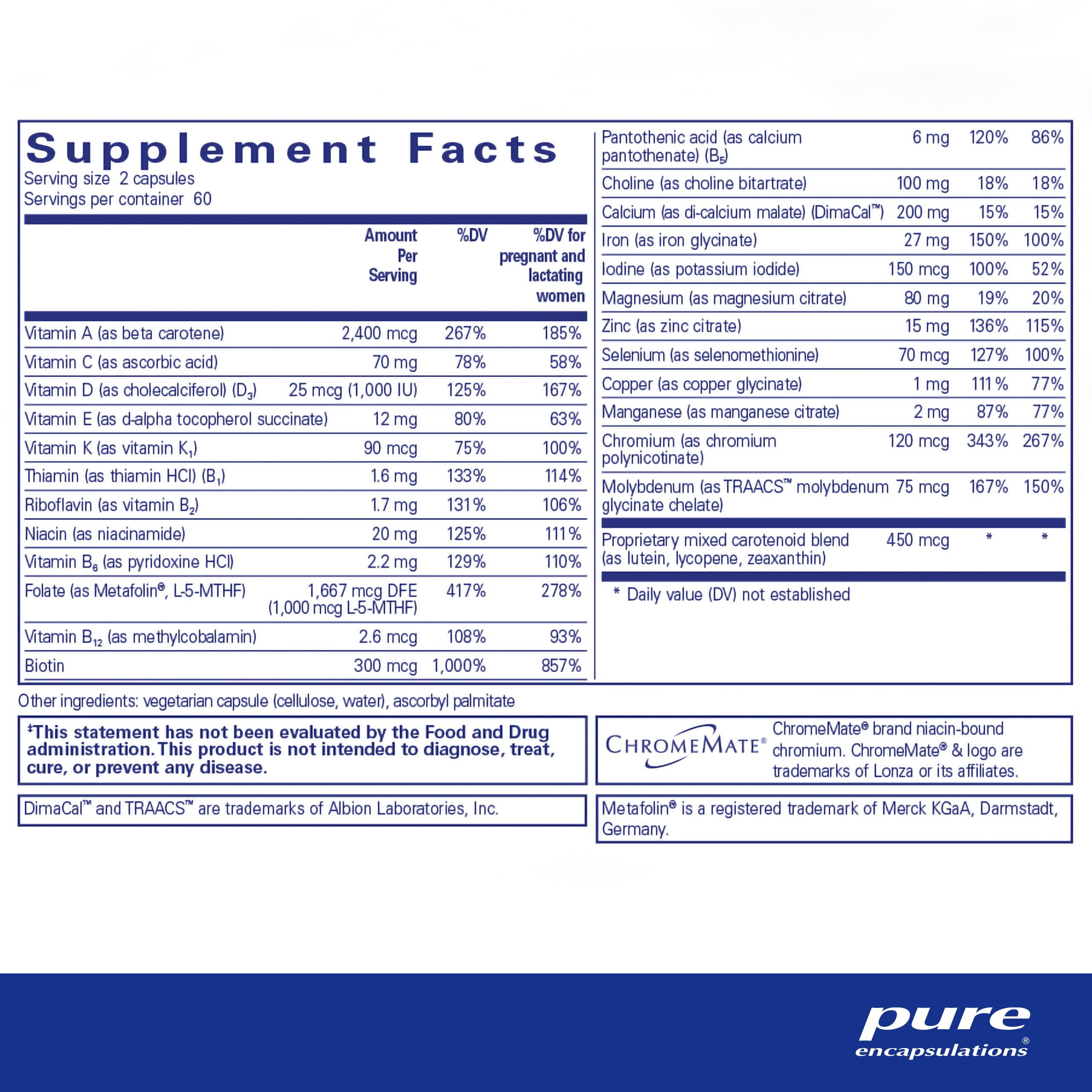 Pure Encapsulations Prenatal Vitamins - 120 Capsules for Pregnancy & Breastfeeding Support | Folate, Choline, Iron Supplement | Gluten Free, Non-GMO | Boosts Energy & Fetal Development | Ideal for Expecting Moms & Nursing Mothers