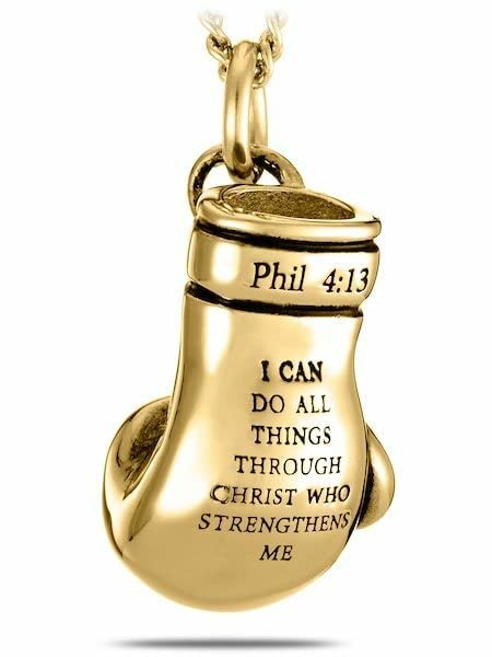 Shields of Strength Men's 14K Gold Plated or Stainless Steel Boxing Glove Necklace Pendant Chain - Philippians 4:13 Bible Verse Christian Jewelry for Him - Perfect for Workout Motivation, Religious Gifts & Daily Wear