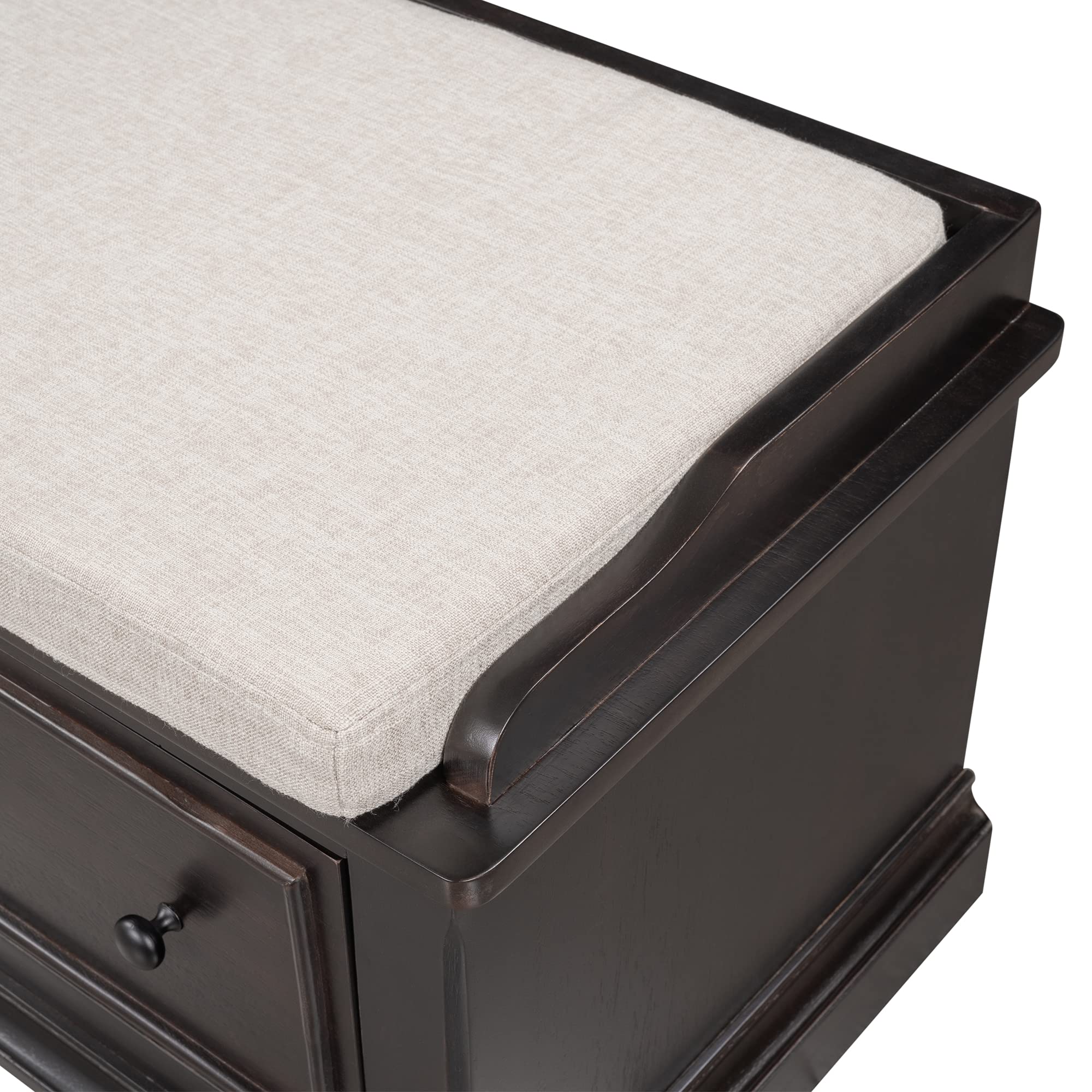 **Solid Wood Fully-Assembled Shoe Storage Bench with 2 Large Drawers & Removable Linen Blend Cushion - Entryway, Hallway, Living Room Bench (Espresso & Wood) - Perfect for Organizing Shoes, Coats & Home Decor**