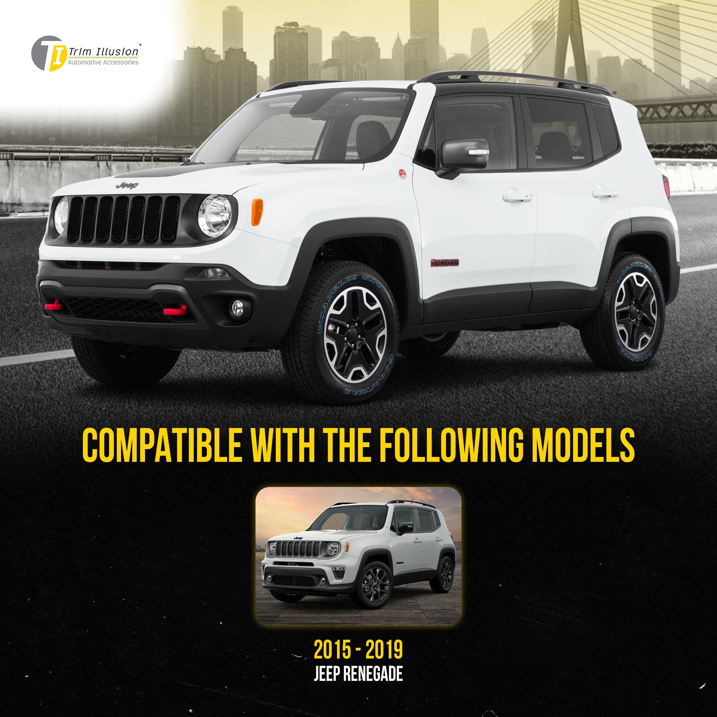 Black Chrome Delete Front Grille Overlay for 2015-2019 Jeep Renegade Sport/Limited/Latitude - Easy No-Tool Installation with Secure Adhesive Tape | US Patented | Upgrade Your Jeep's Style for Off-Road & Urban Driving