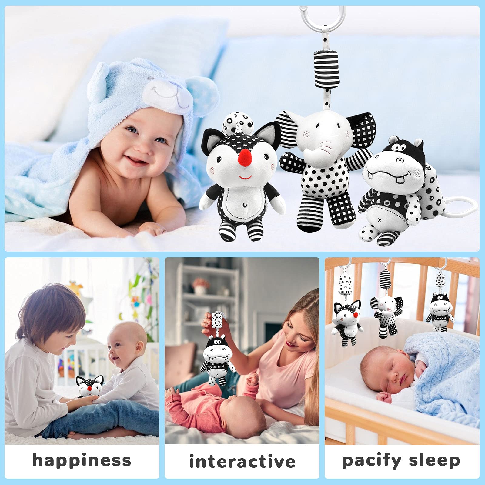 **XIXILAND Black and White High Contrast Baby Toys for 0-12 Months - Newborn Sensory Rattle with Wind Chimes, Stroller & Car Seat Hanging Toy for Boys & Girls | Perfect for Early Visual Stimulation & Soothing**