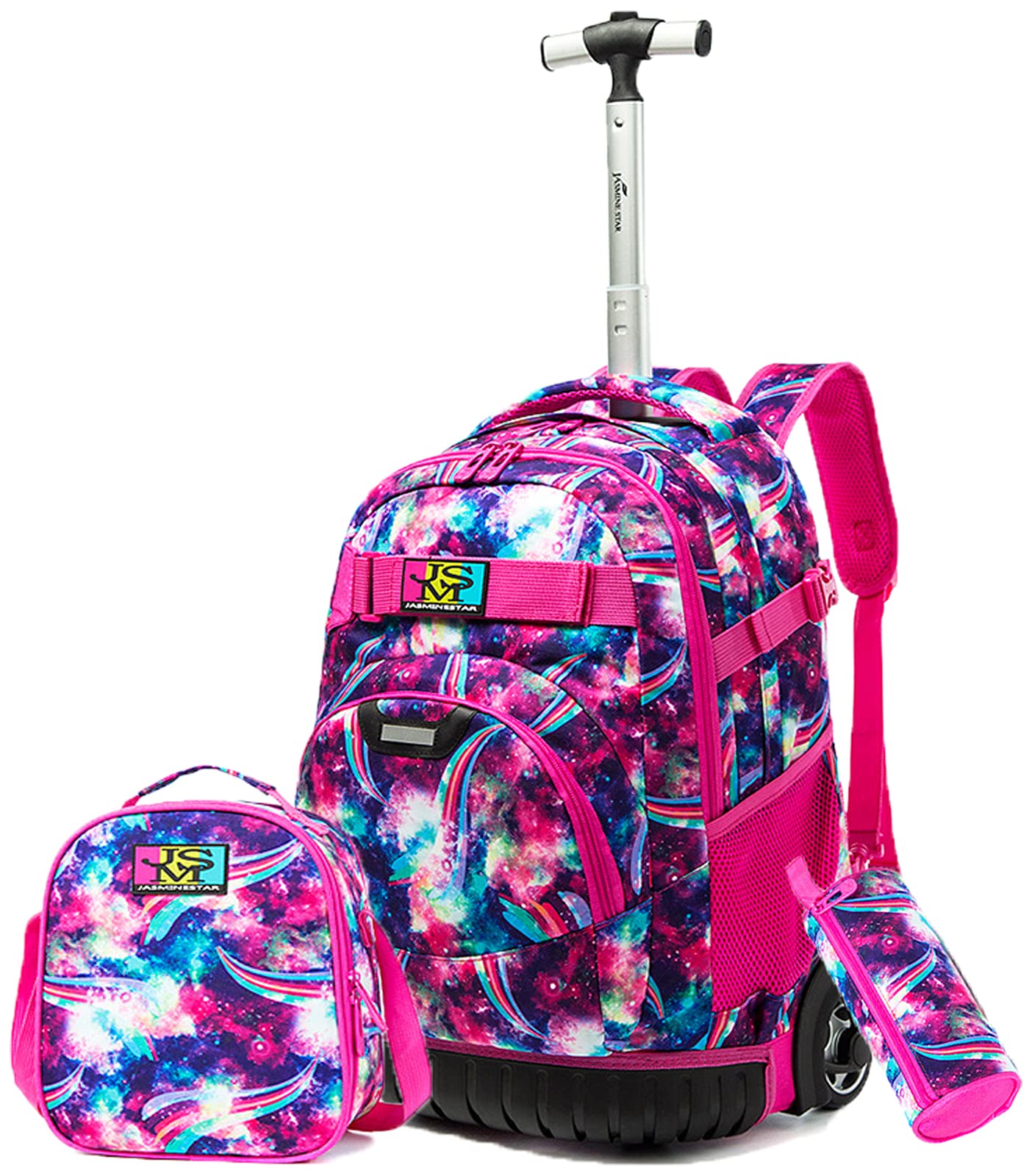 Egchescebo 3PCS Rolling Backpack Set - 18 Inch Wheeled School Bag for Kids with Lunch Bag & Pencil Case | Durable Travel Backpack for Boys & Girls, Starry Sky Print, Big Wheels, Red | Perfect for School, Travel & Daily Use