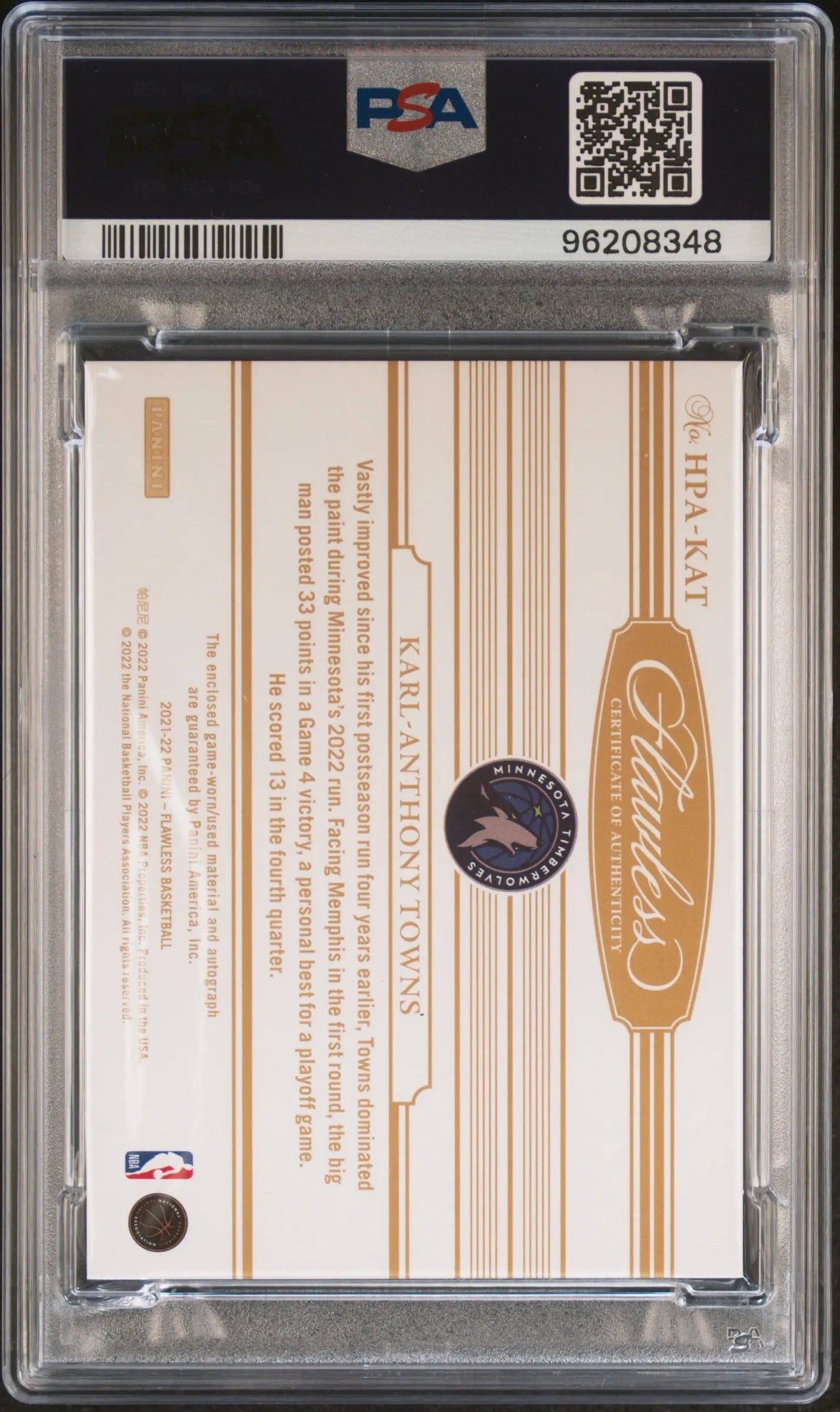 2021 Panini Flawless Karl Anthony Towns Horizontal Patch Auto PSA 8 05/10 - Rare Basketball Trading Card for Collectors & NBA Fans