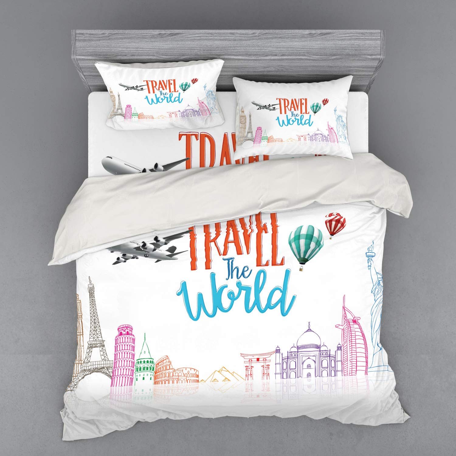 Ambesonne World Travel Themed 4-Piece King Size Duvet Cover Set with Shams & Fitted Sheet - Multicolor Globe Landmarks Balloons Art Design for Bedroom Decor
