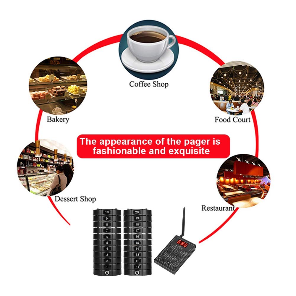 668-S Wireless Calling System - 1 Keypad Sender & 20 Coaster Pagers for Restaurants, Fast Food & Cafes | Wireless Guest Pager for Efficient Customer Service | Perfect for Dining, Takeout & Queue Management (US)