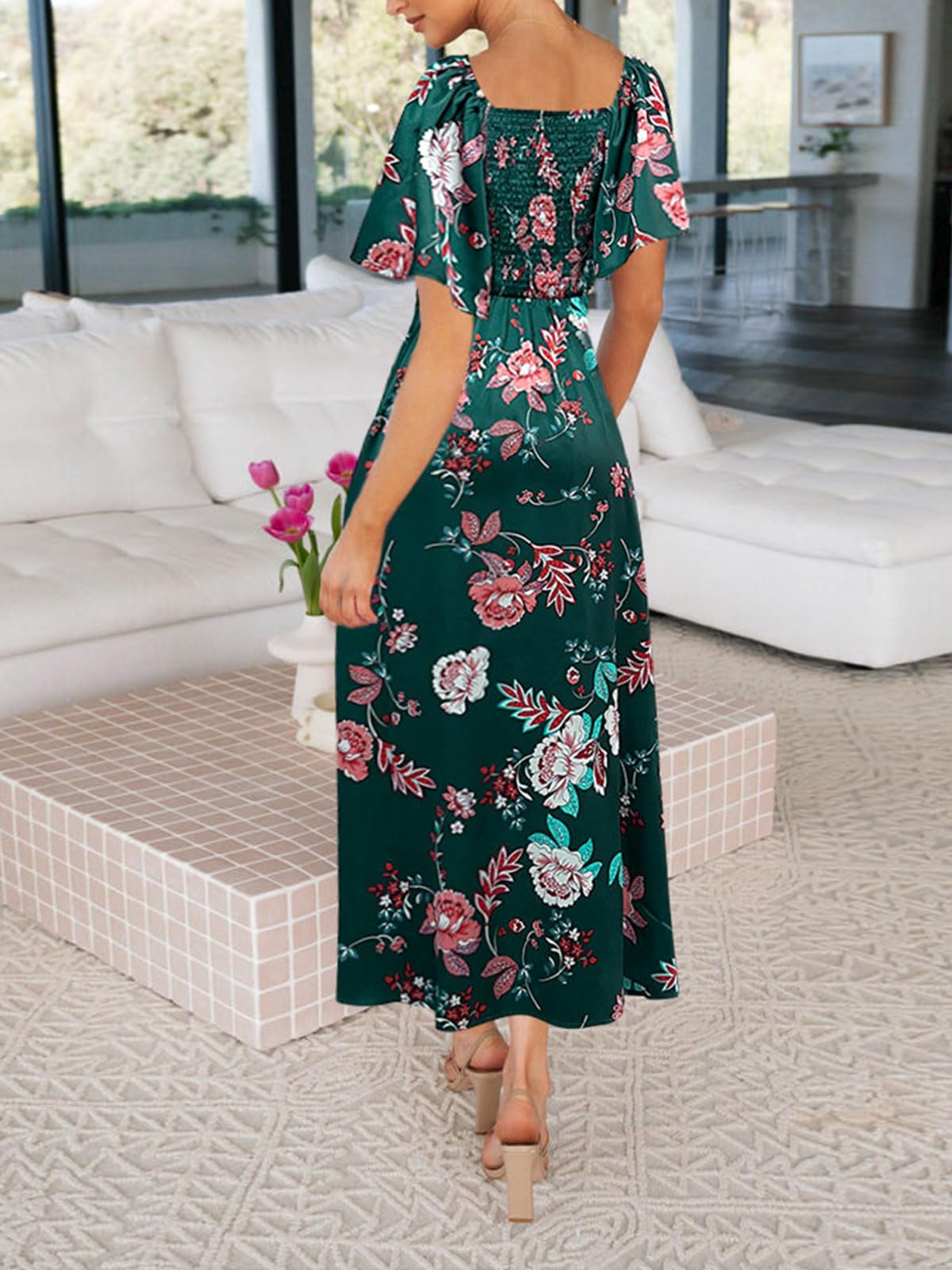 Fashionme Women's Summer Maxi Dress 2025 - Elegant Deep V Neck, Bow Tie Front, Cap Sleeve Floral Satin Smocked Dress for Beach, Wedding & Special Occasions