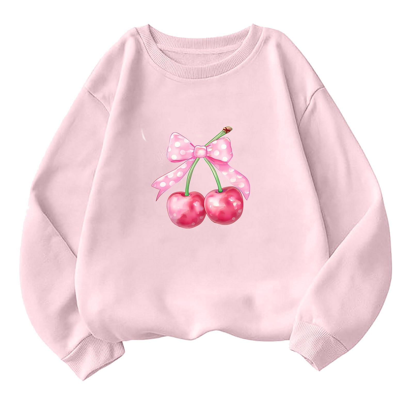 Women's Akklian Cute Cherry Bow Print Oversized Sweatshirt - Long Sleeve Kawaii Pullover Loose Fit Preppy Teen Girl Pink Top for Casual Outings & Cozy Evenings