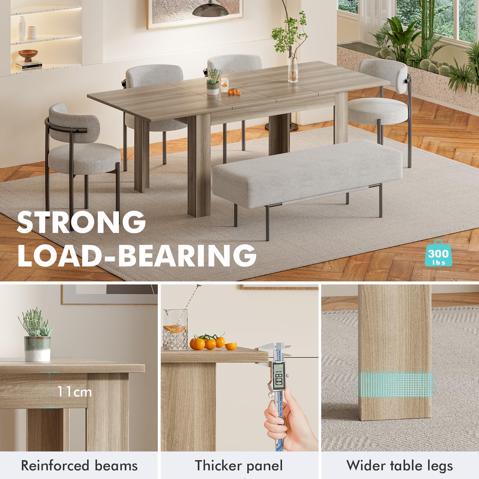 Extendable Oak Farmhouse Dining Table for 6-10 People, Large Rectangular Plank and Beam Kitchen Table for Living Room, Meeting Space, and Family Gatherings