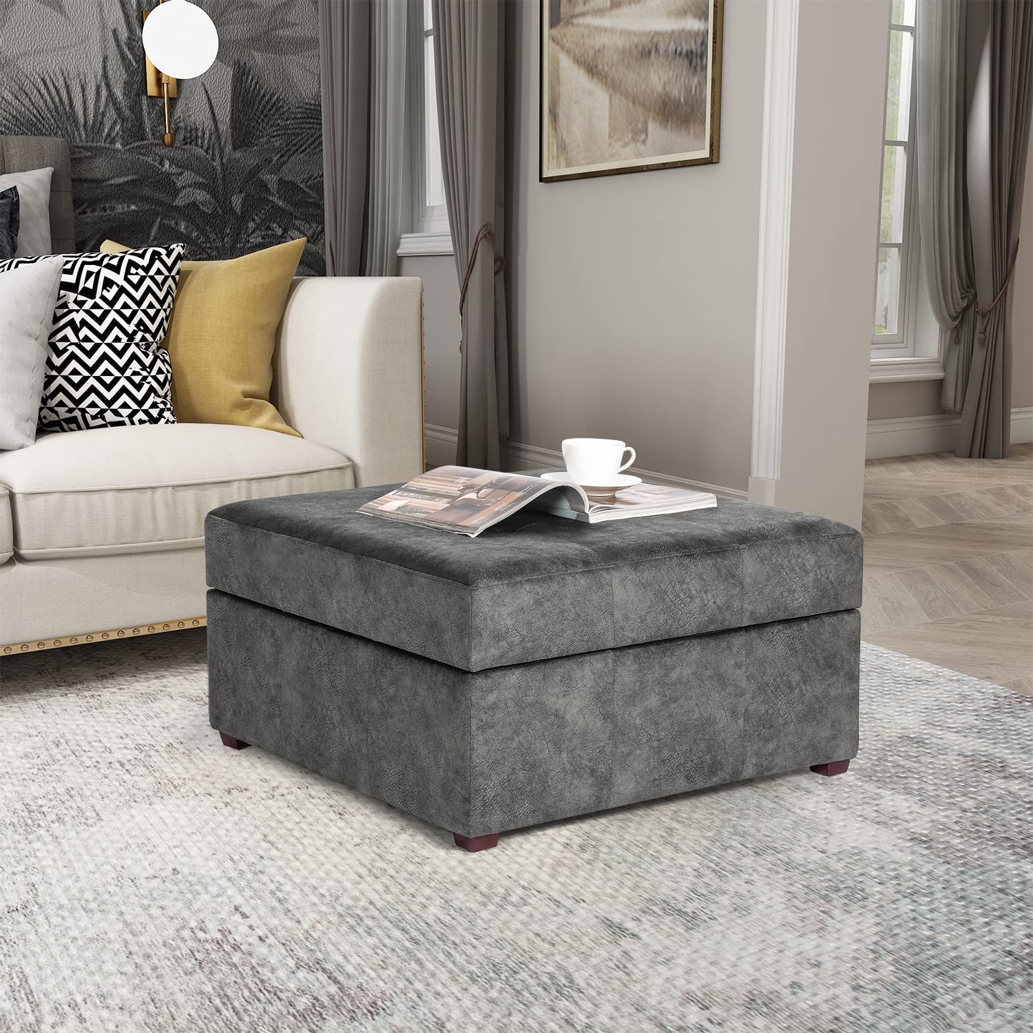Homebeez Storage Ottoman Bench - Tufted Fabric Coffee Table Footstool with Wood Legs, Multi-Functional Footrest for Living Room (Black Gray) | Perfect for Small Space Storage & Extra Seating