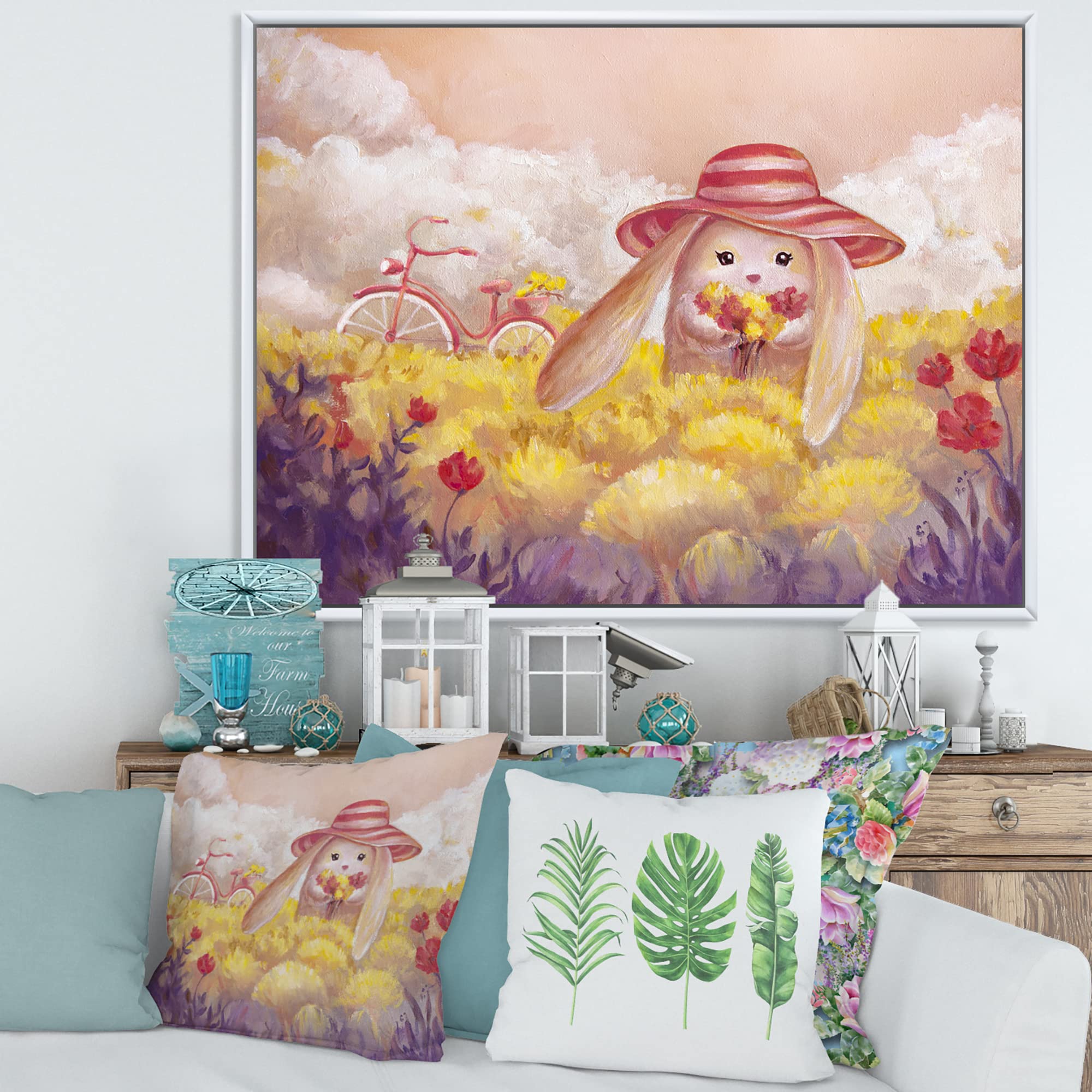 Little Bunny With Flowers - Traditional Framed Canvas Wall Art Print for Nursery, Kids Room Decor & Spring Home Decor