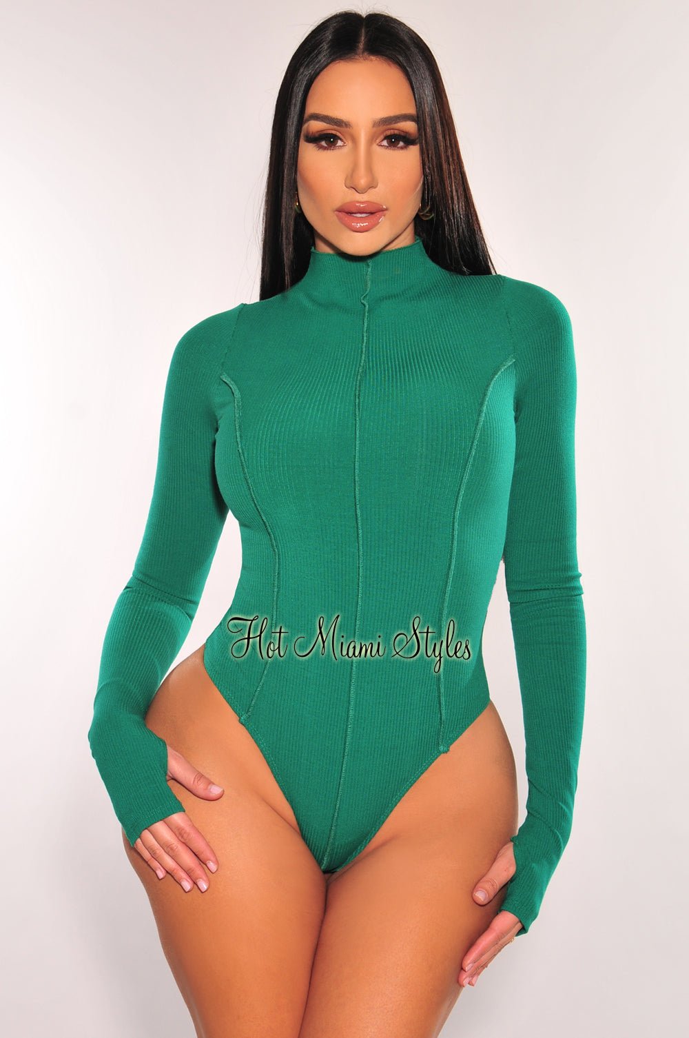 Green Ribbed Mock Neck Exposed Seams Long Sleeve Thong Bodysuit for Women | Sexy Stretchy Bodycon Outfit for Clubwear, Date Night & Lingerie