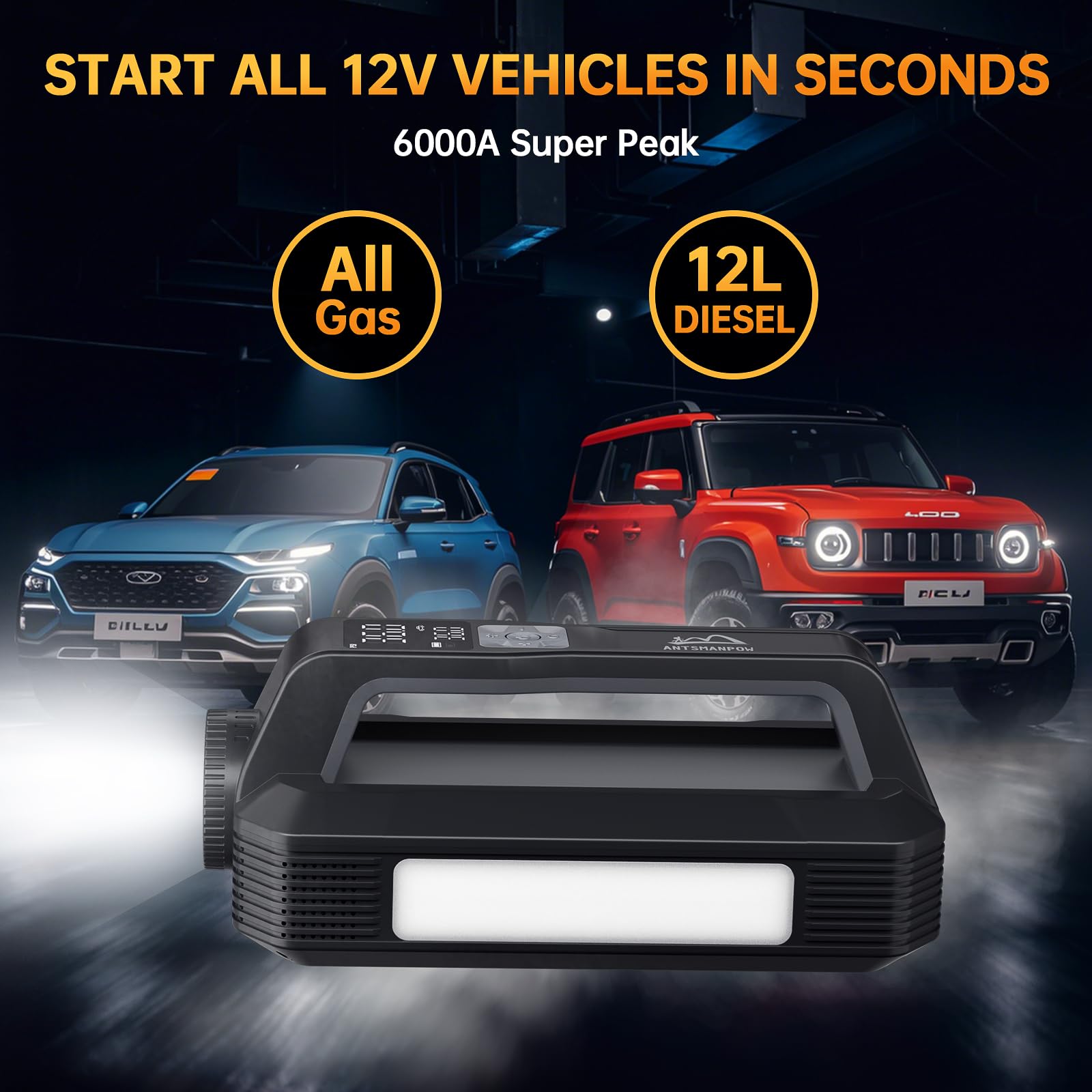 6000A Portable Car Battery Jump Starter with 150PSI Tire Inflator, PD100W Fast Charging & 1200LM LED Light - 12V Emergency Booster Pack for All Gas/12L Diesel Engines - Perfect for Roadside Emergencies, Camping & Winter Travel