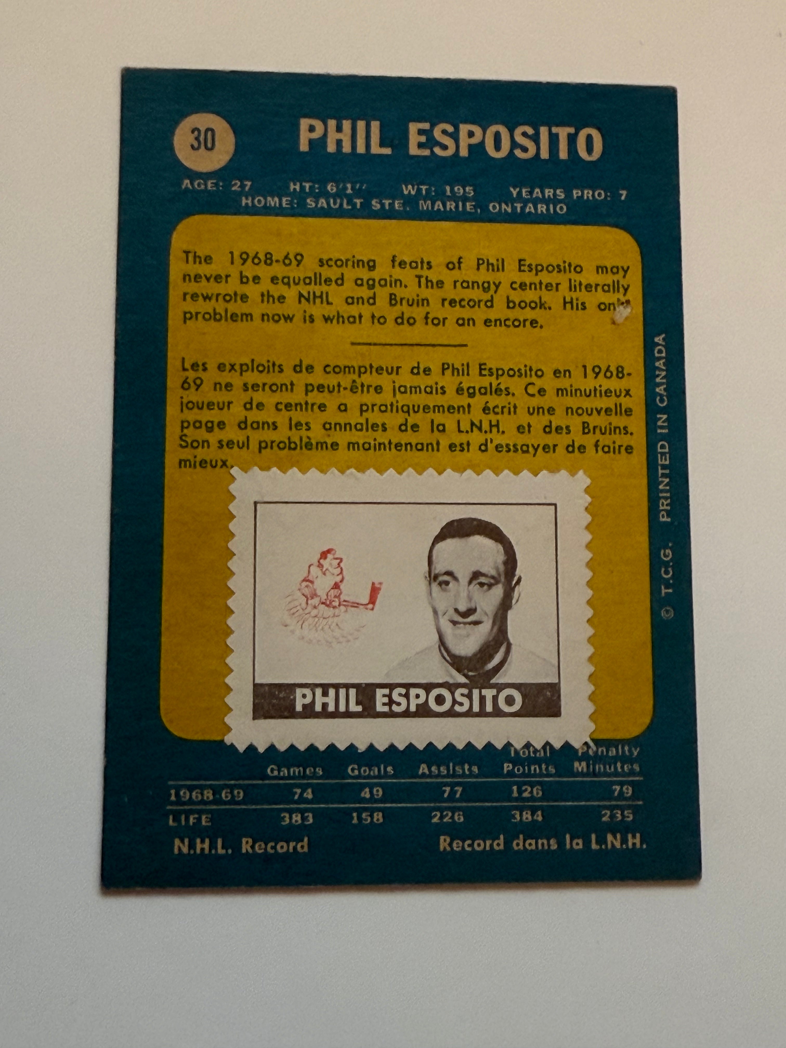 1969 OPC Phil Esposito Hockey Card - Rare Stamp on Back - Vintage NHL Collectible for Sports Memorabilia Fans & Card Collectors - Perfect for Display, Investment & Sports Enthusiasts