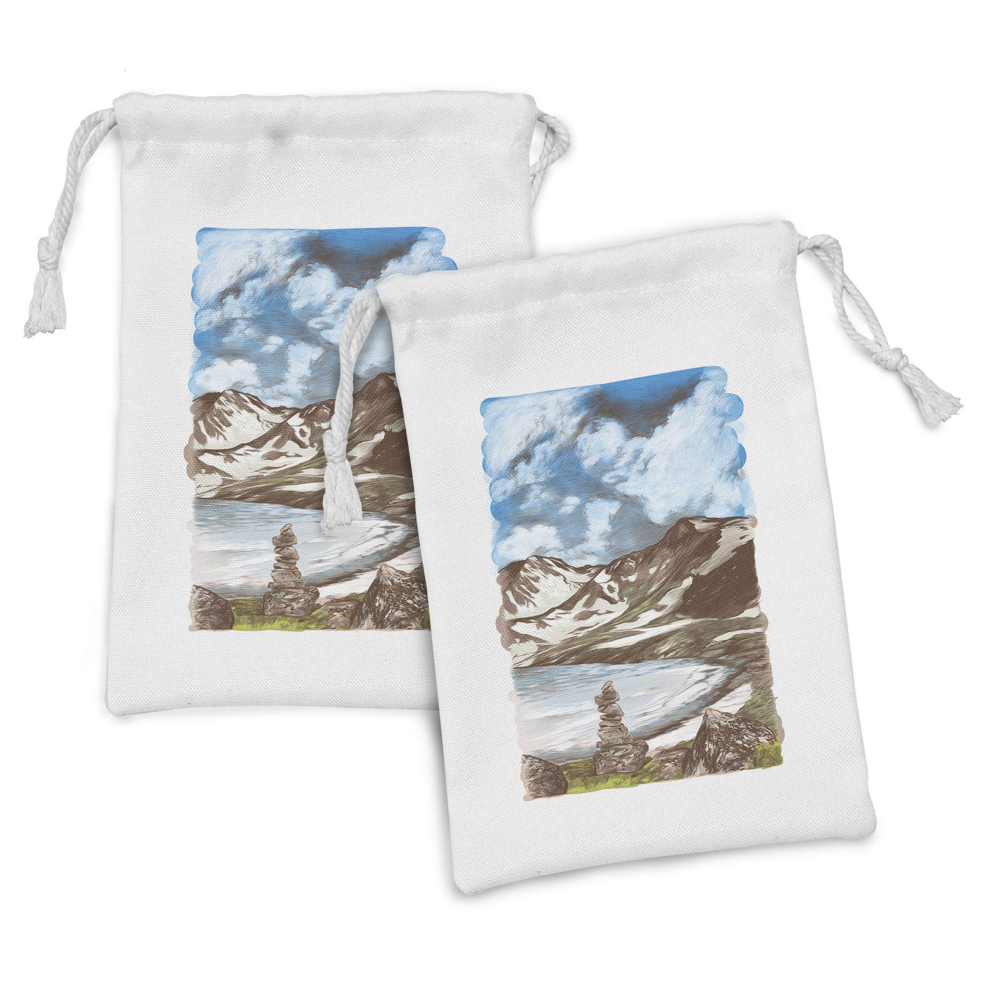 Ambesonne 2-Pack Fabric Drawstring Pouches - Snowy Mountain Lake Landscape Design, 9