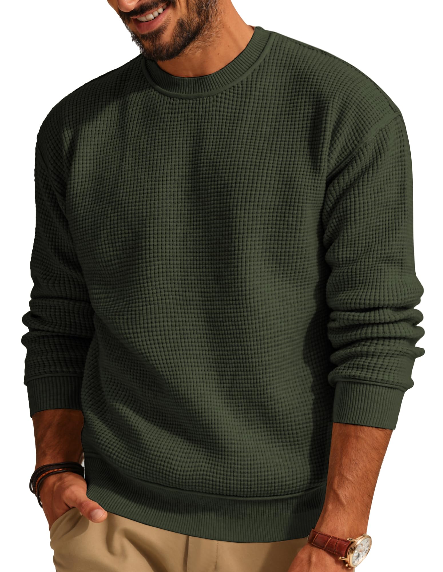 PJ PAUL JONES Men's Casual Crewneck Knit Sweater - Soft Waffle Pullover for Fall & Winter - Perfect for Office, Outdoors, and Relaxing at Home