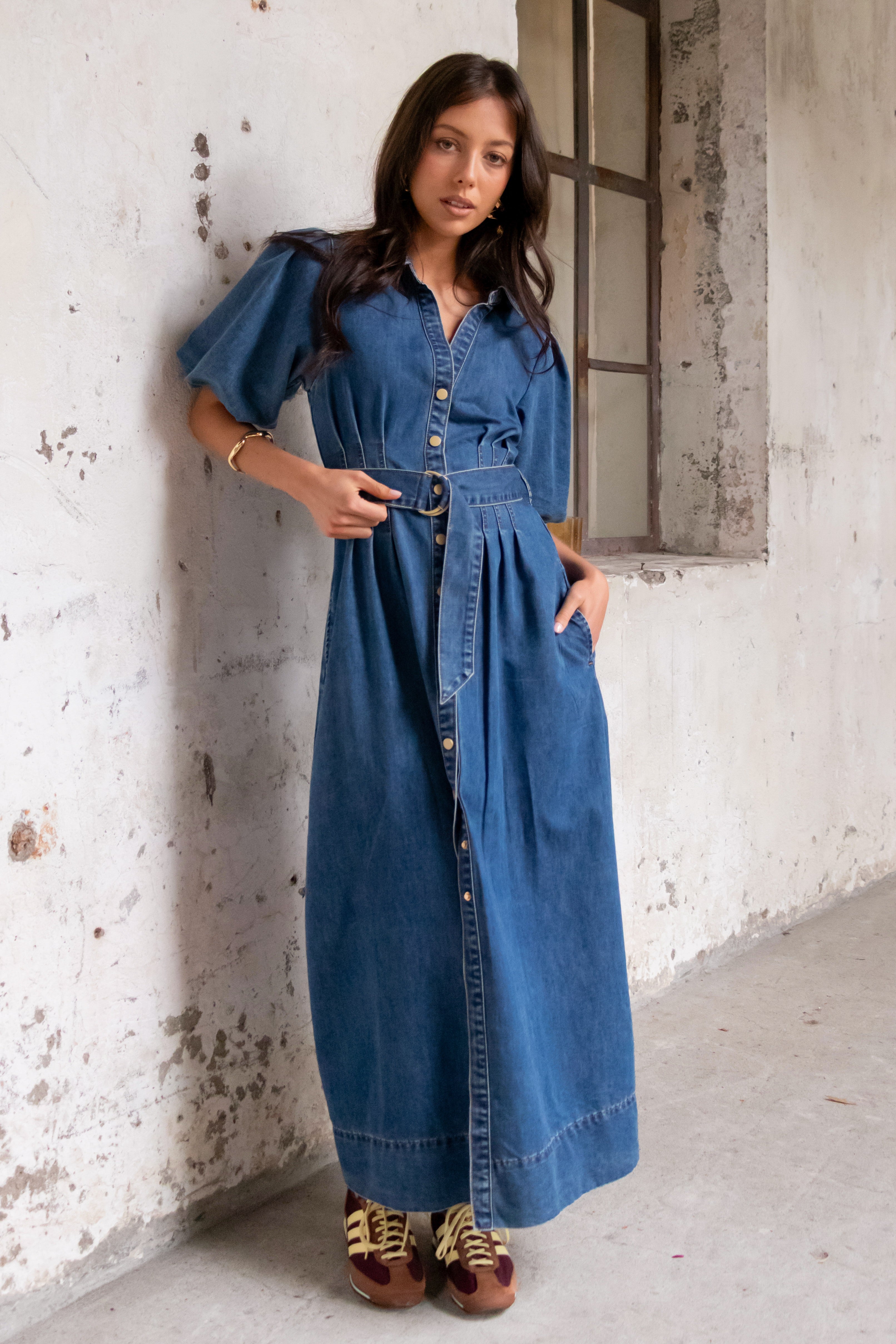 Dusk Storm Blue Denim Puff Sleeve Maxi Shirt Dress for Women | Casual Boho Chic Long Sleeve Button Down Dress | Perfect for Beach, Date Night & Summer Outfits