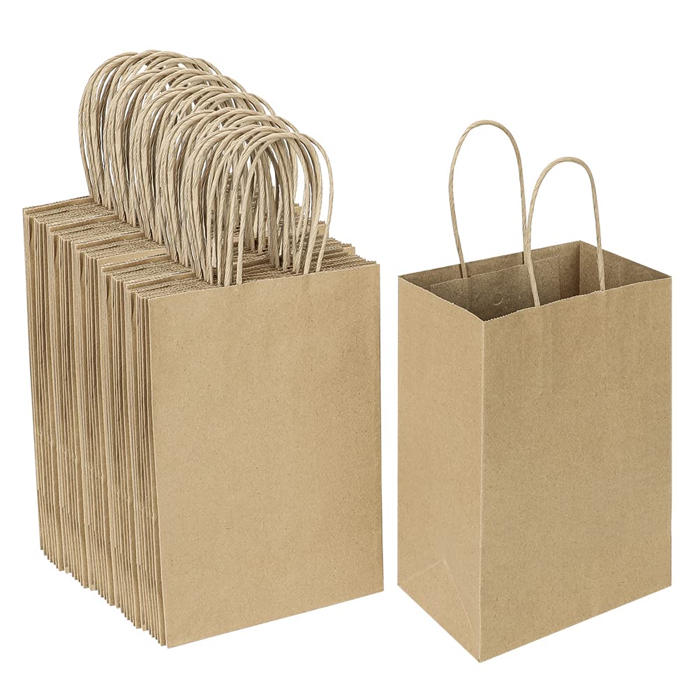 Oikss 100-Pack Kraft Gift Bags with Handles - 5.25x3.25x8.25 Inch for Party Favors & Retail Shopping (Brown) - Perfect for Birthday Gifts & Craft Packaging