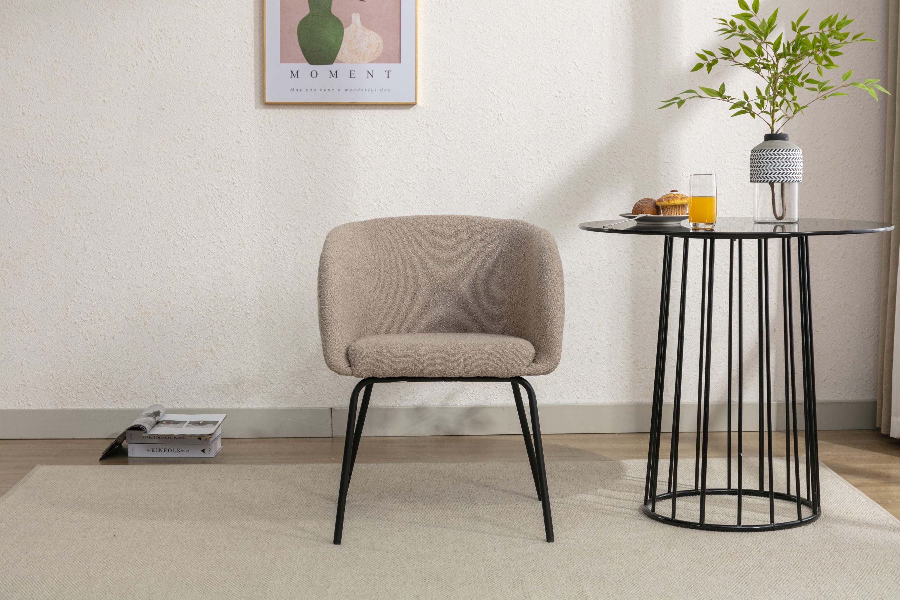 Boucle Fabric Dining Chair with Black Metal Legs - Set of 1 - Modern Upholstered Side Chair for Kitchen, Dining Room & Office