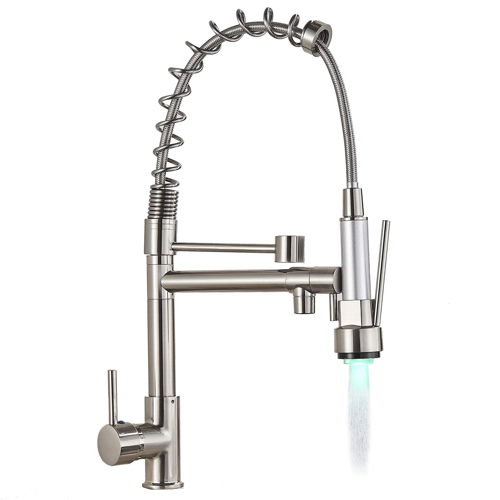 NeierThodore Commercial Pull Down Kitchen Faucet with Sprayer - Brushed Nickel, Hot & Cold Water Mixer, LED Light - Perfect for Restaurants, Home Kitchens & Commercial Use